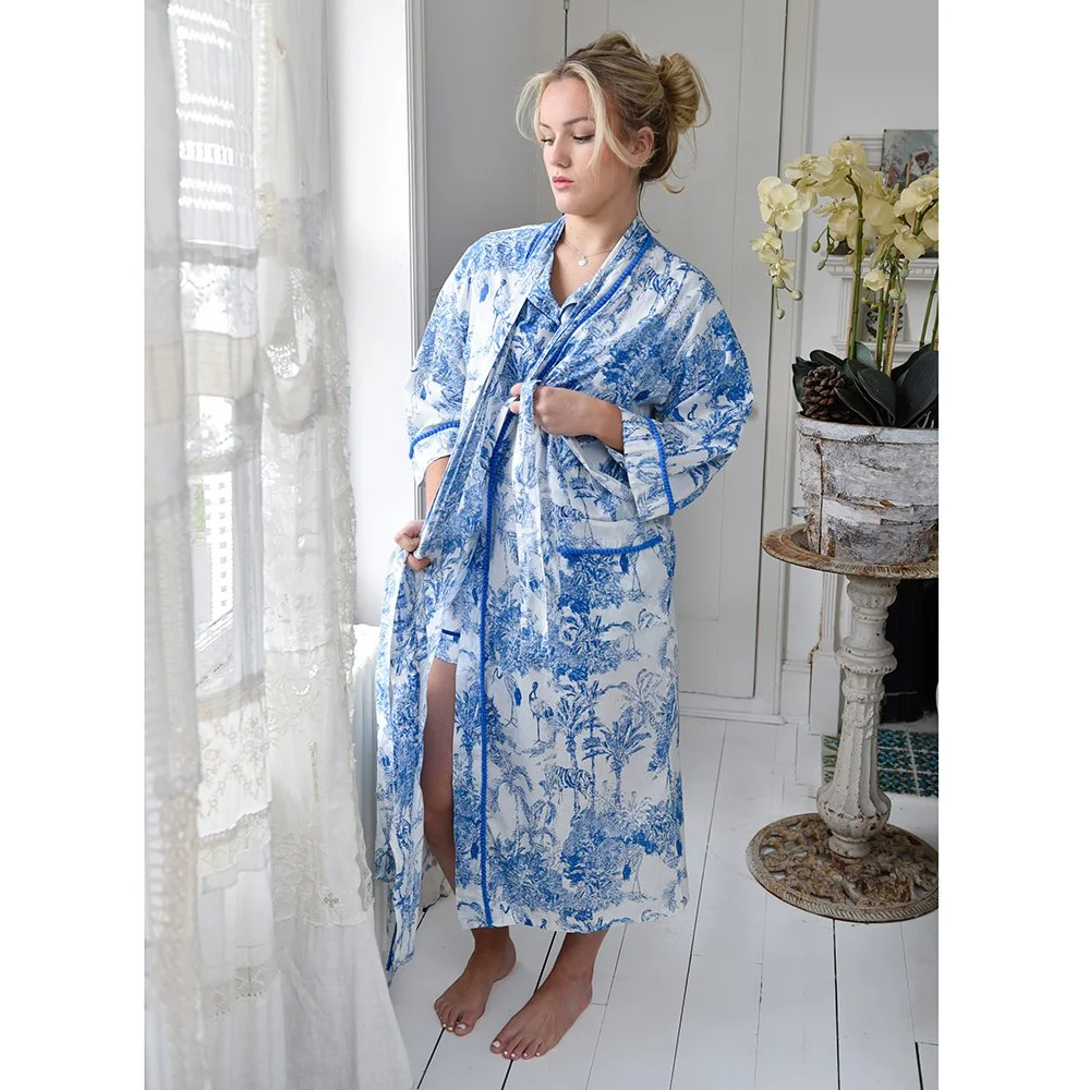 blue and white dressing gown Blue and White Safari Toile De Jouy Dressing Gown