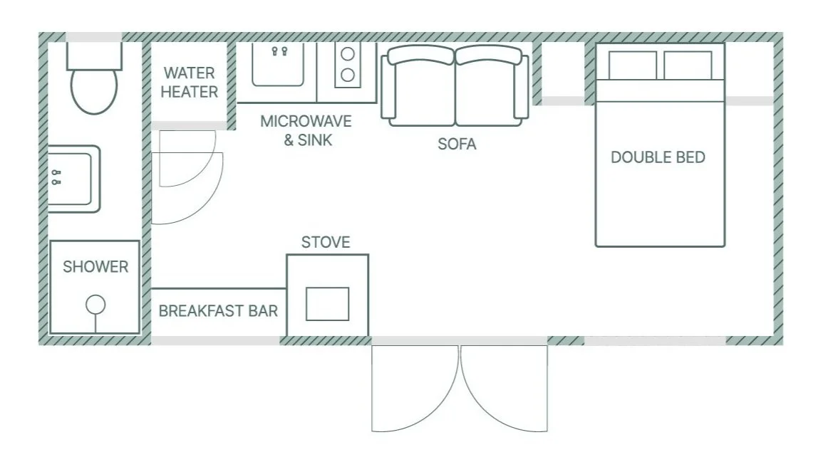 Tiny house floor plan with a double bed, sofa, microwave and sink, stove, breakfast bar, water heater, toilet, and shower.