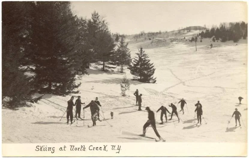 old photograph of people skiing at North Creek, NY
