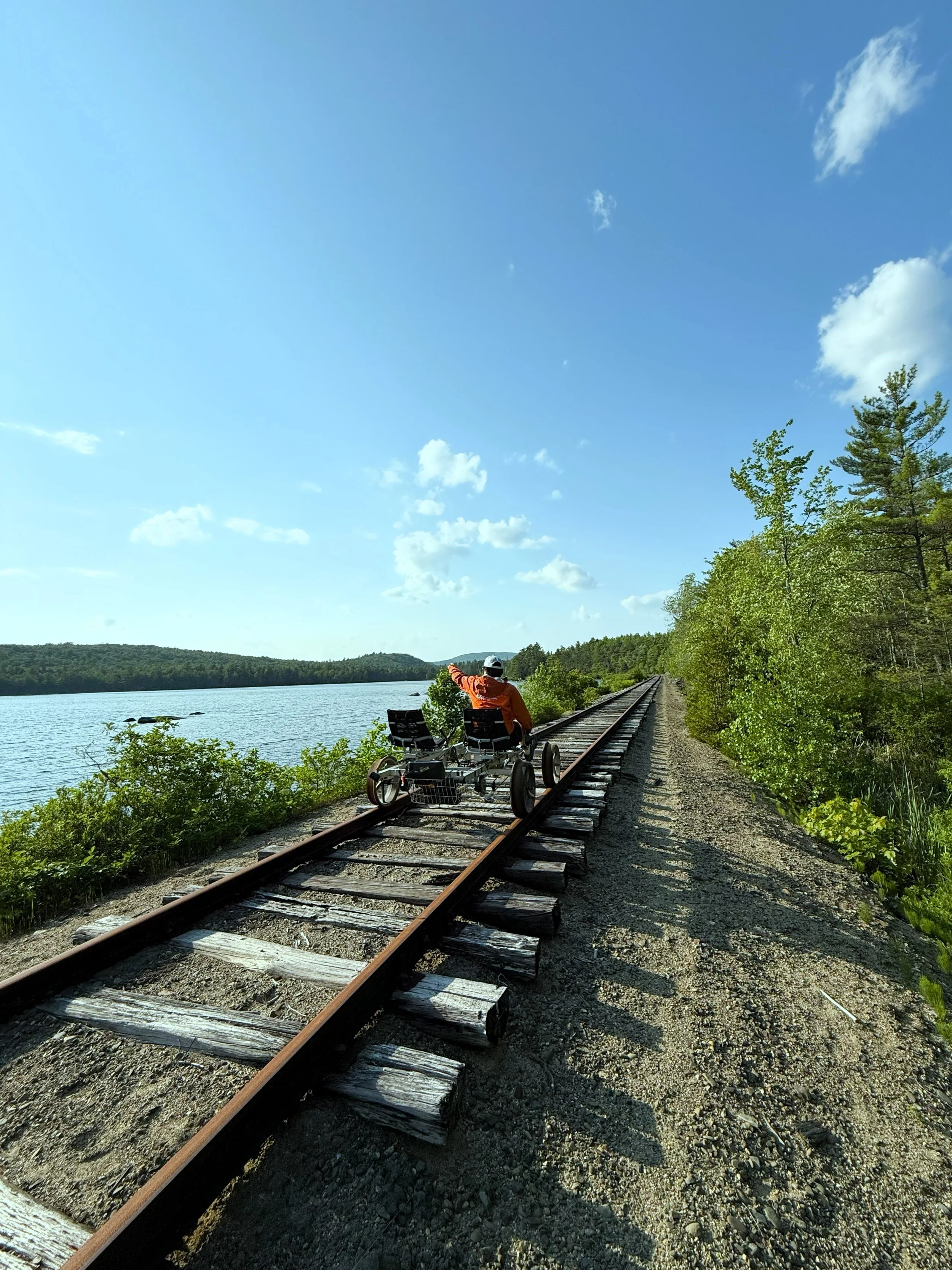 A young man looking at Green Lake while on a rail bike on a track on a summer day.