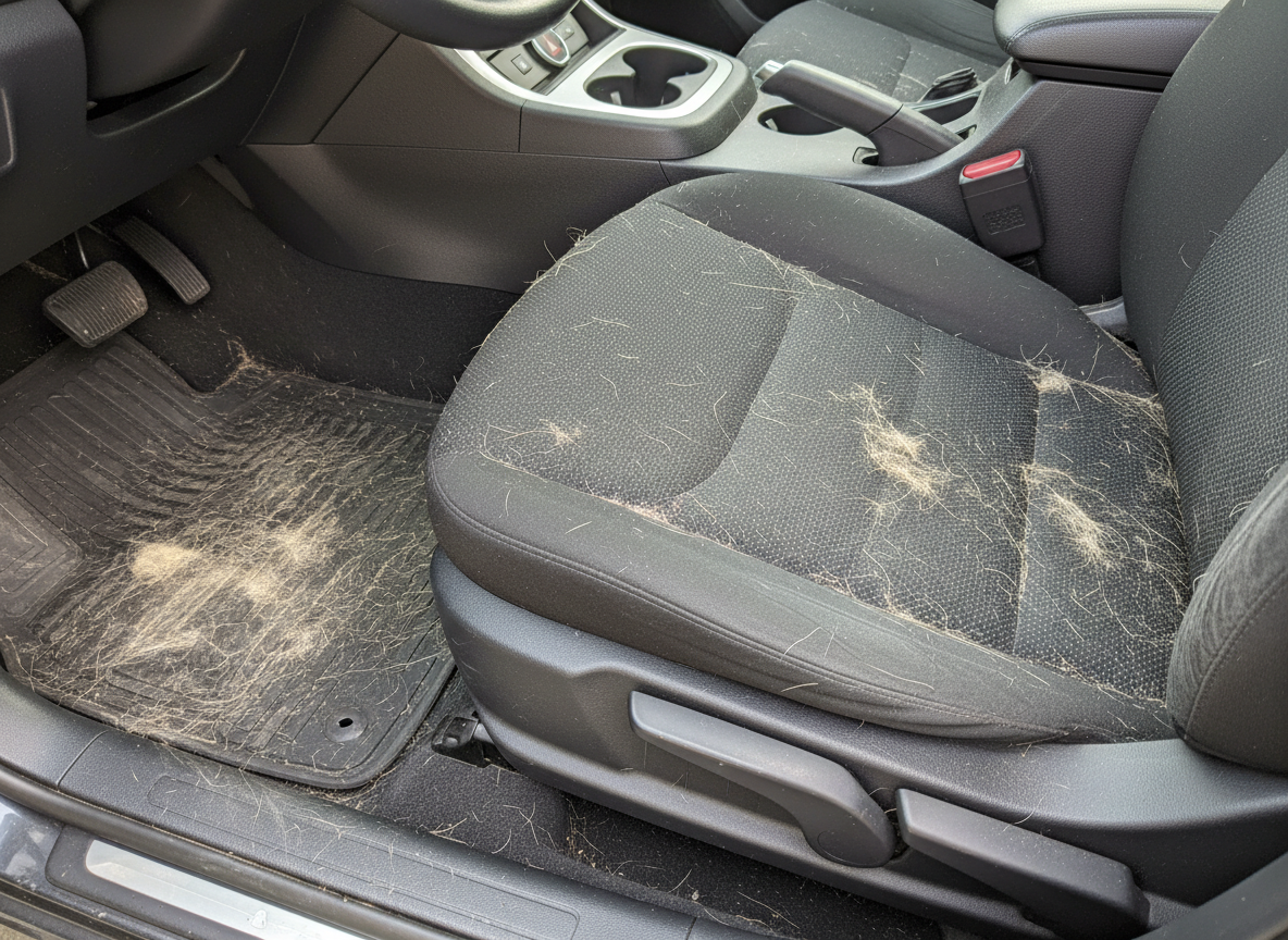 Dirty car interior with a black seat covered in pet hair and dirt, and a matching floor mat stained with debris and fur.