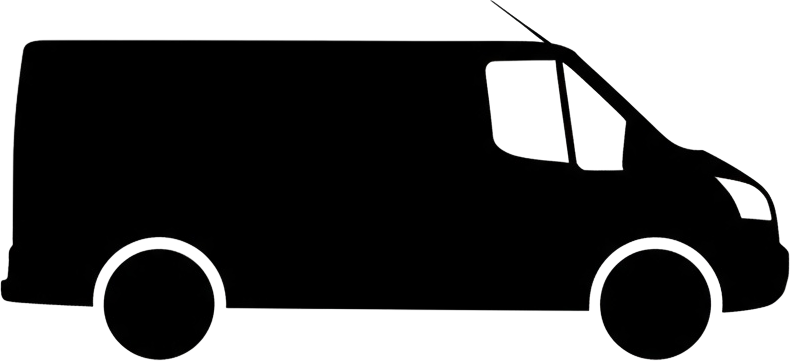Outline of a van in black and white, showing the side view with windows and wheels.