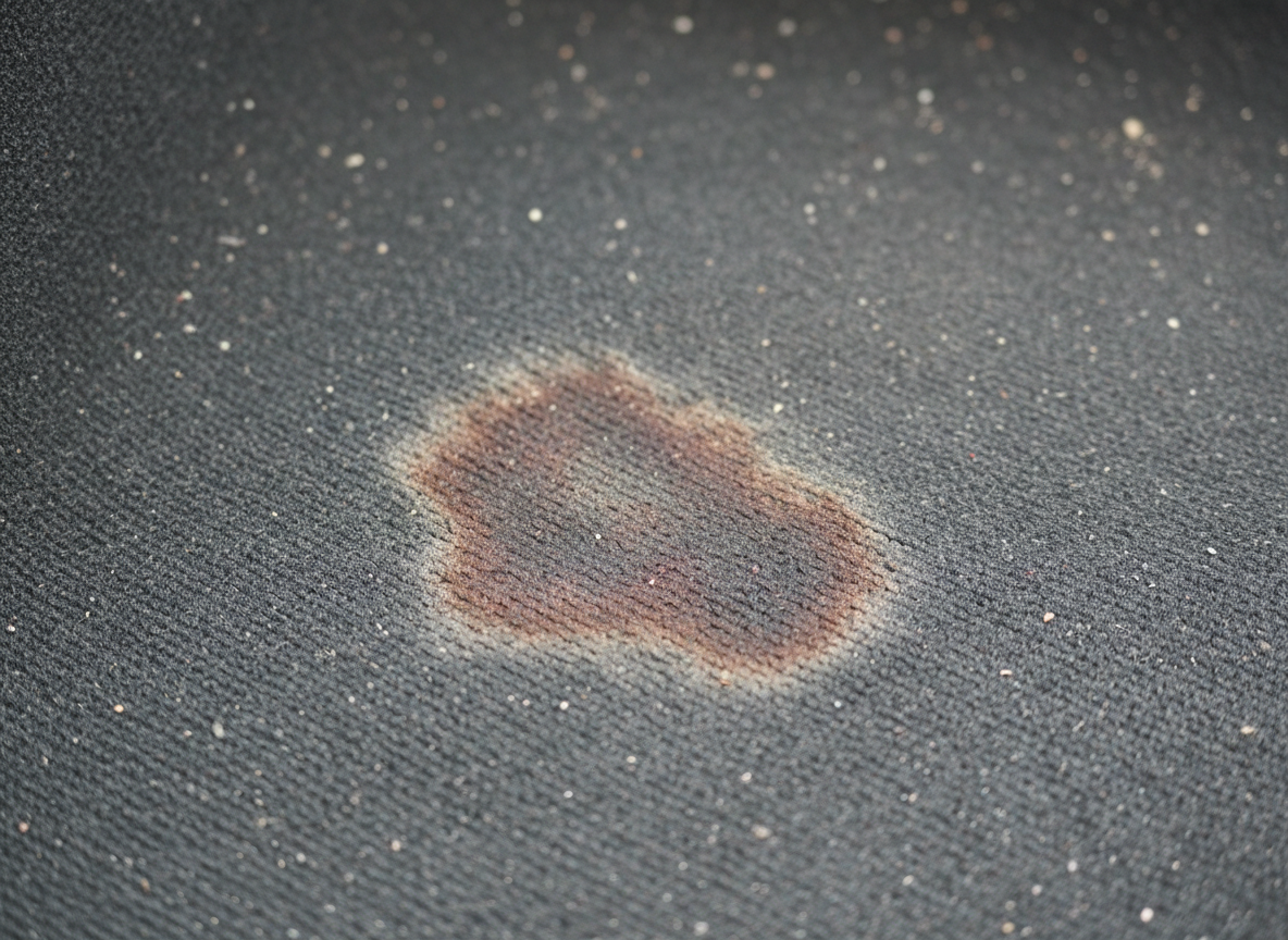 A fabric surface with a visible burnt, discolored area in the shape of a heart, surrounded by small debris or dust particles.