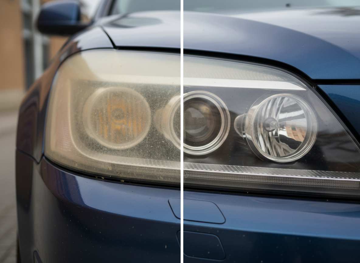 Comparison of a dirty and clean car headlight, showing the left side as foggy and dirty, and the right side clear and clean.