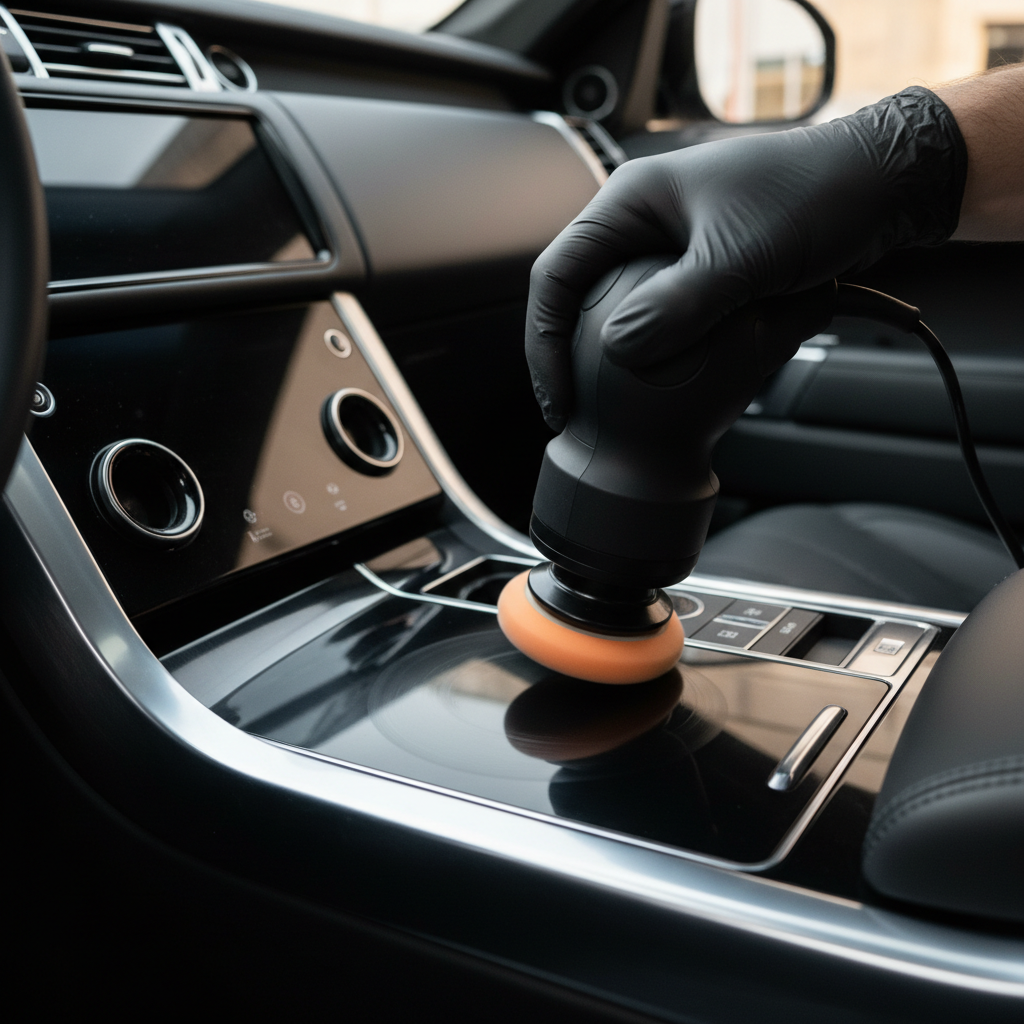 Person wearing black gloves uses a handheld tool to clean or polish the gear shift area of a car's interior.