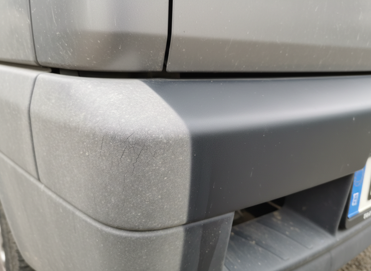 Close-up of a gray plastic car bumper with visible dirt and small cracks