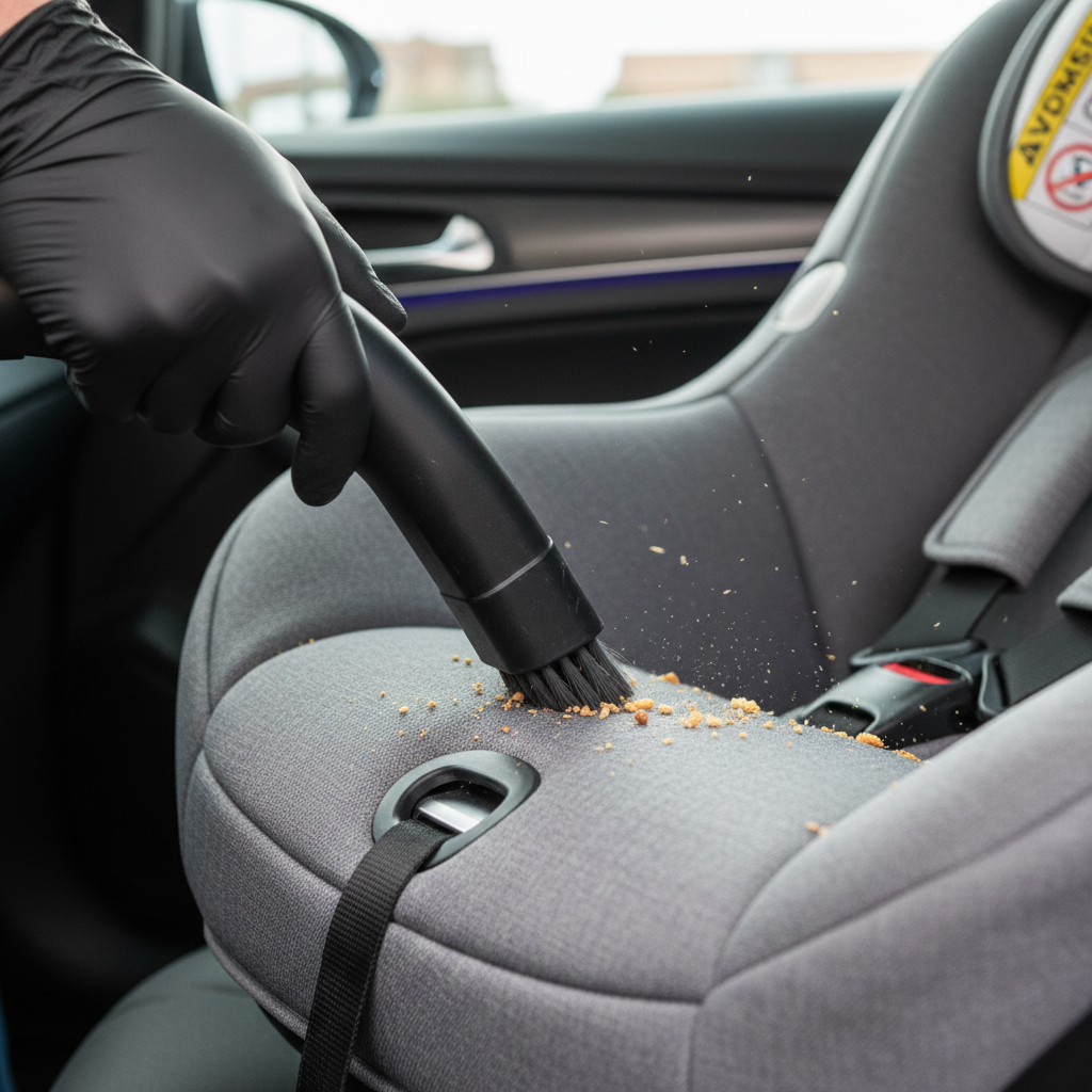 Someone wearing black gloves vacuuming crumbs from a child's car seat with a handheld vacuum cleaner.