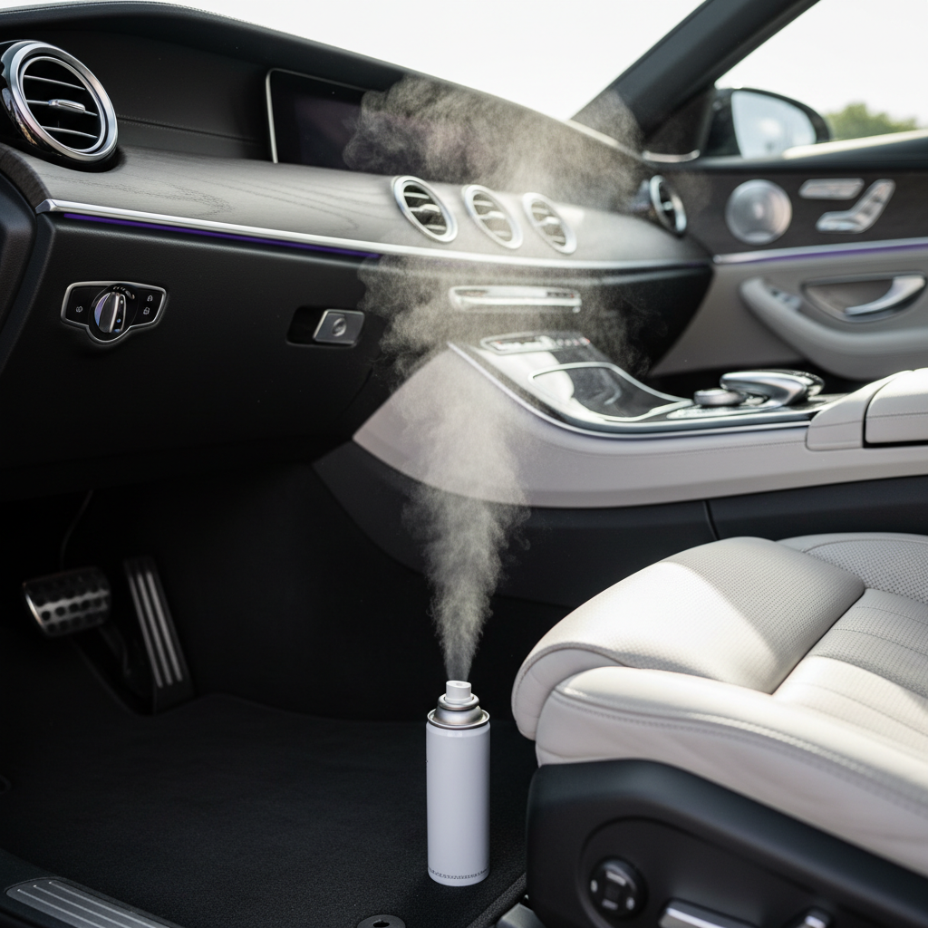 Car interior with a can of air freshener spraying mist inside the vehicle.