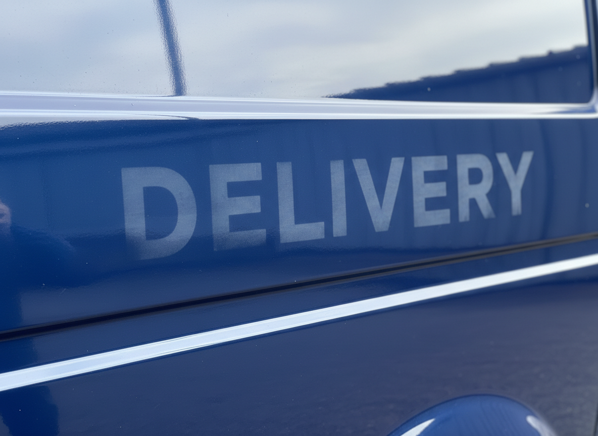 Close-up of a dark blue vehicle with the word 'DELIVERY' written on the side in light-colored letters.