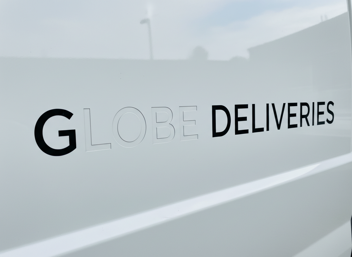 Text on a white vehicle that reads 'GLOBE DELIVERIES' with 'GLOBE' in black and 'DELIVERIES' in black, on a reflective surface.