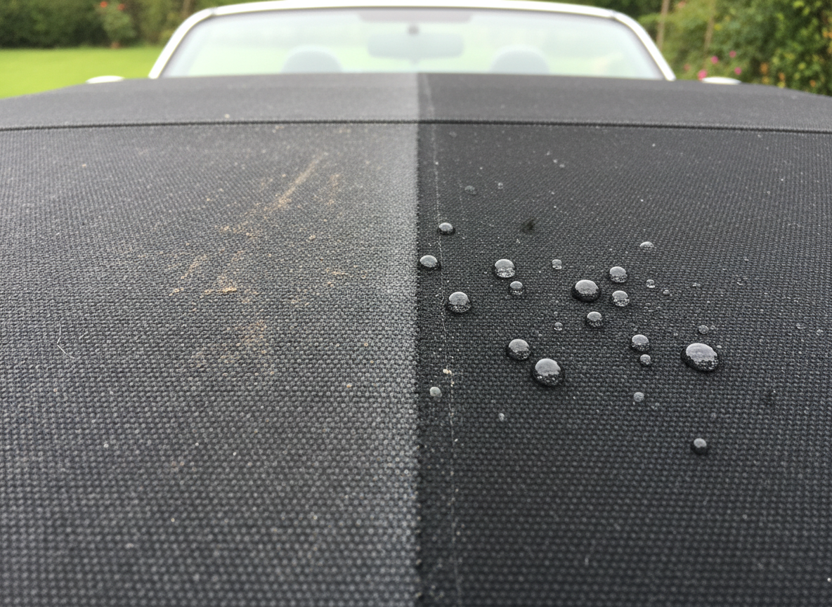 Close-up of a car's hood with water droplets on the right side and dust on the left side.