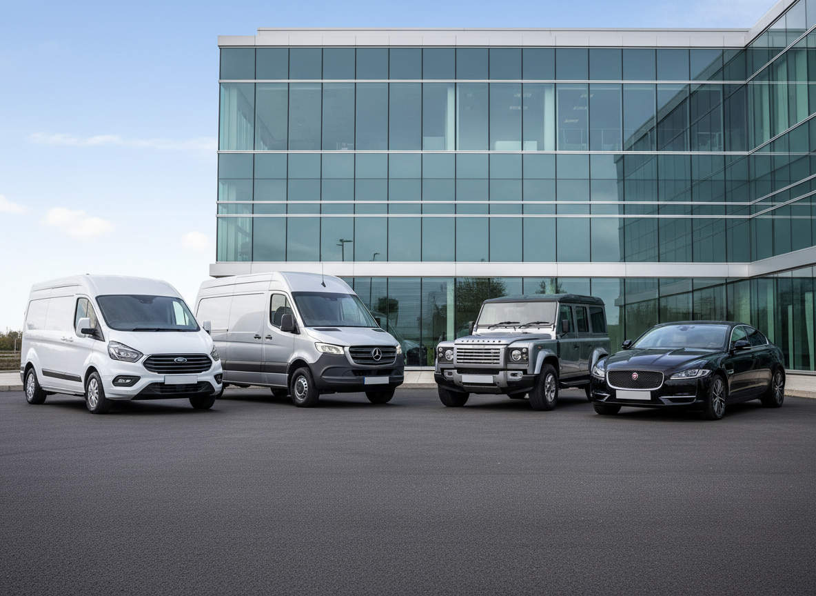 Four vehicles parked in front of a modern glass office building, including two white vans, a green SUV, and a black luxury sedan.
