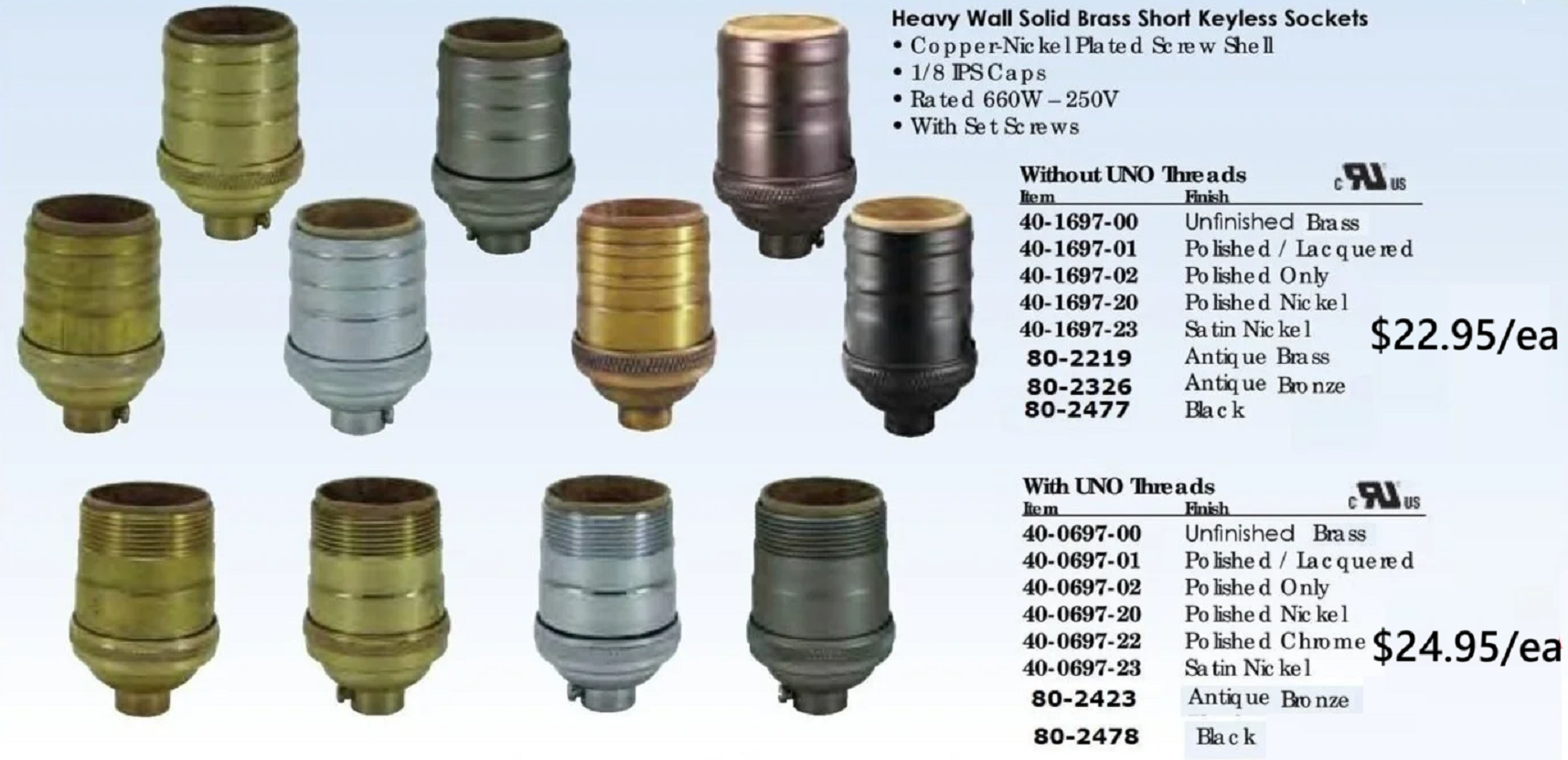 short cast keyless and keyed socket in multi finishes
