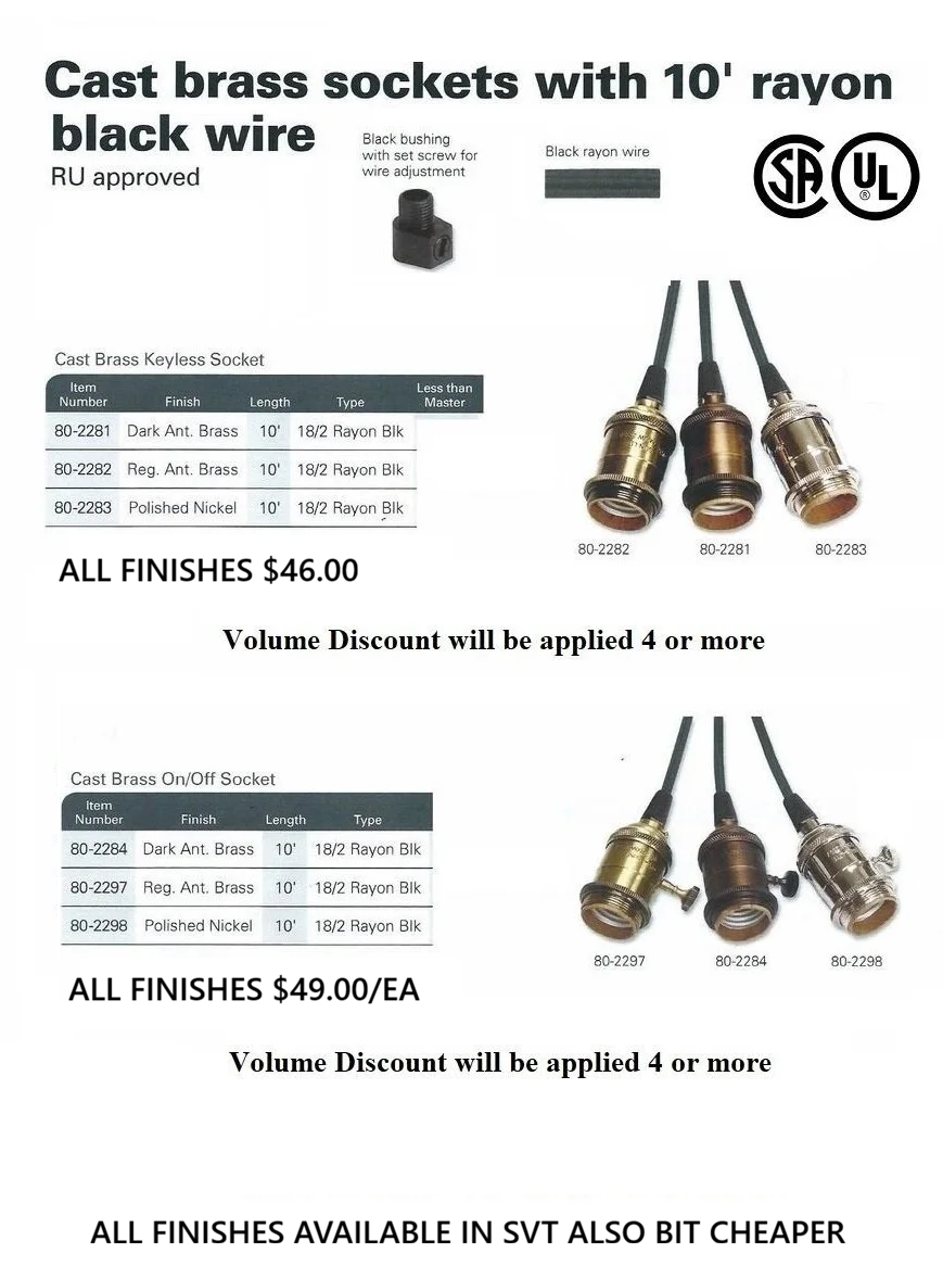 CAST BRASS SOCKETS WITH 10’ BLACK RAYON WIRE