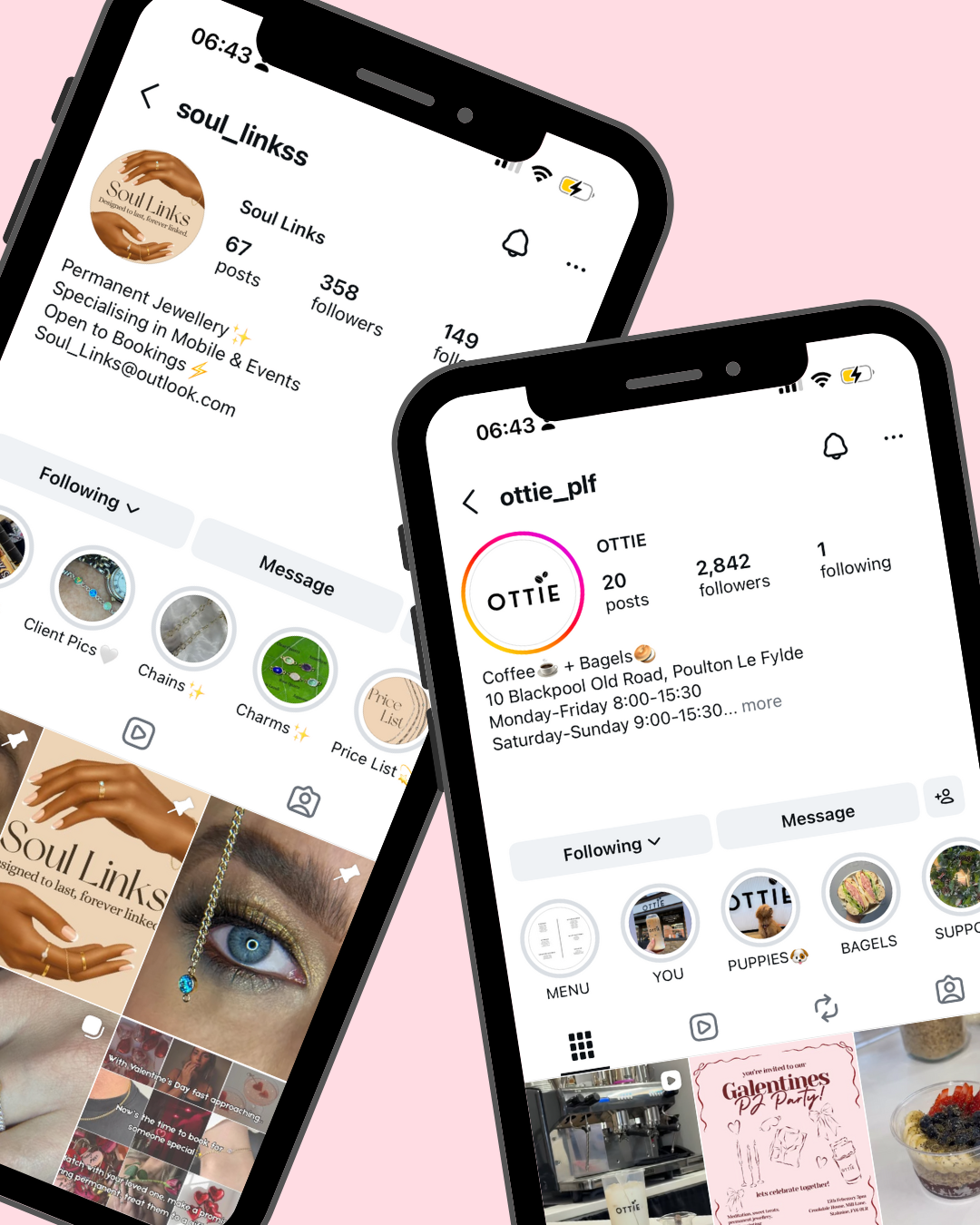 Two smartphones displaying Instagram profiles. The first profile is for 'soul_links' featuring jewelry and jewelry-related content. The second profile is 'ottie' promoting a coffee and bagels shop with business hours, food images, and highlights of menu options.