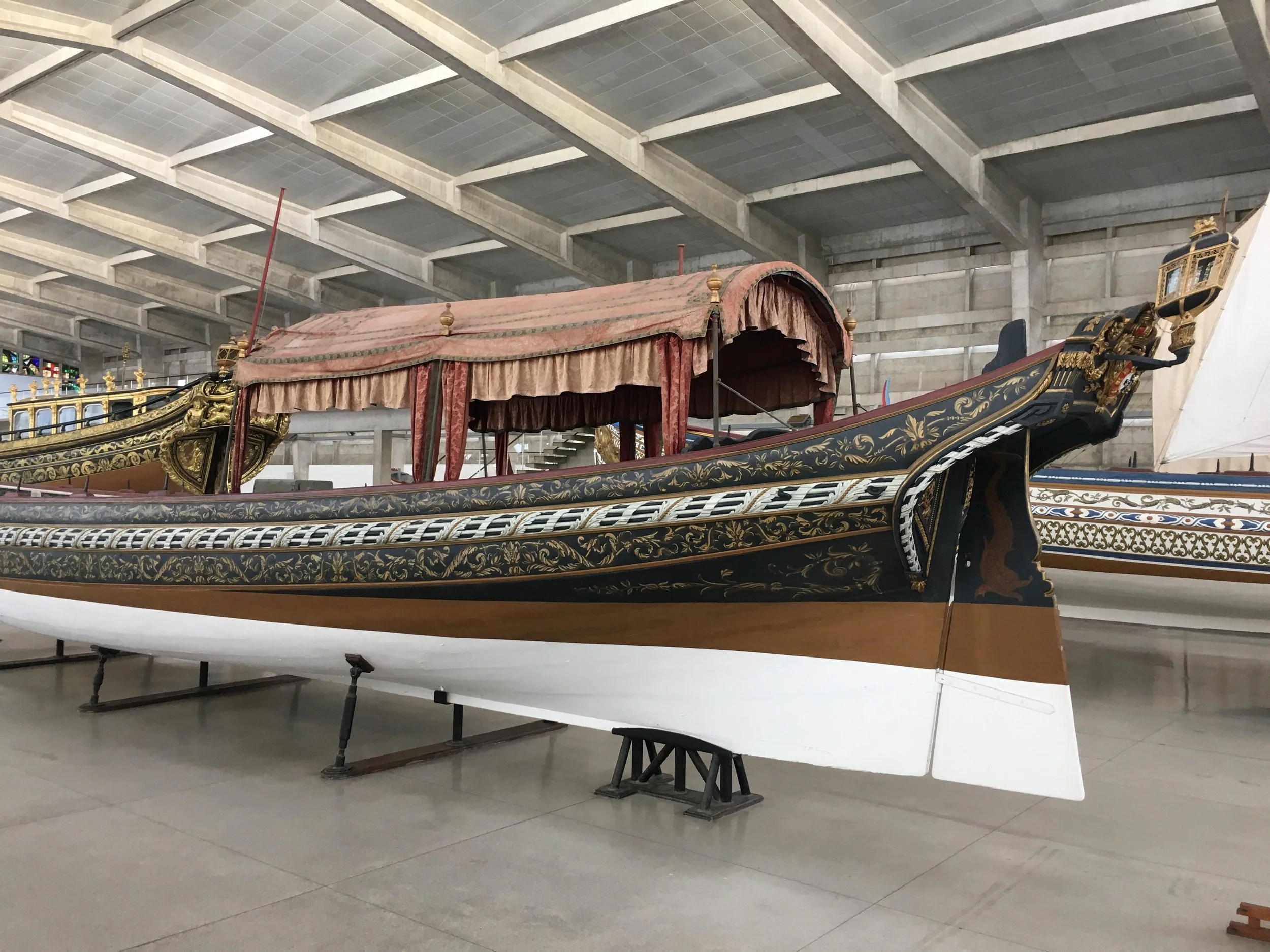 ornate ship photographed inside the maritime museum belem