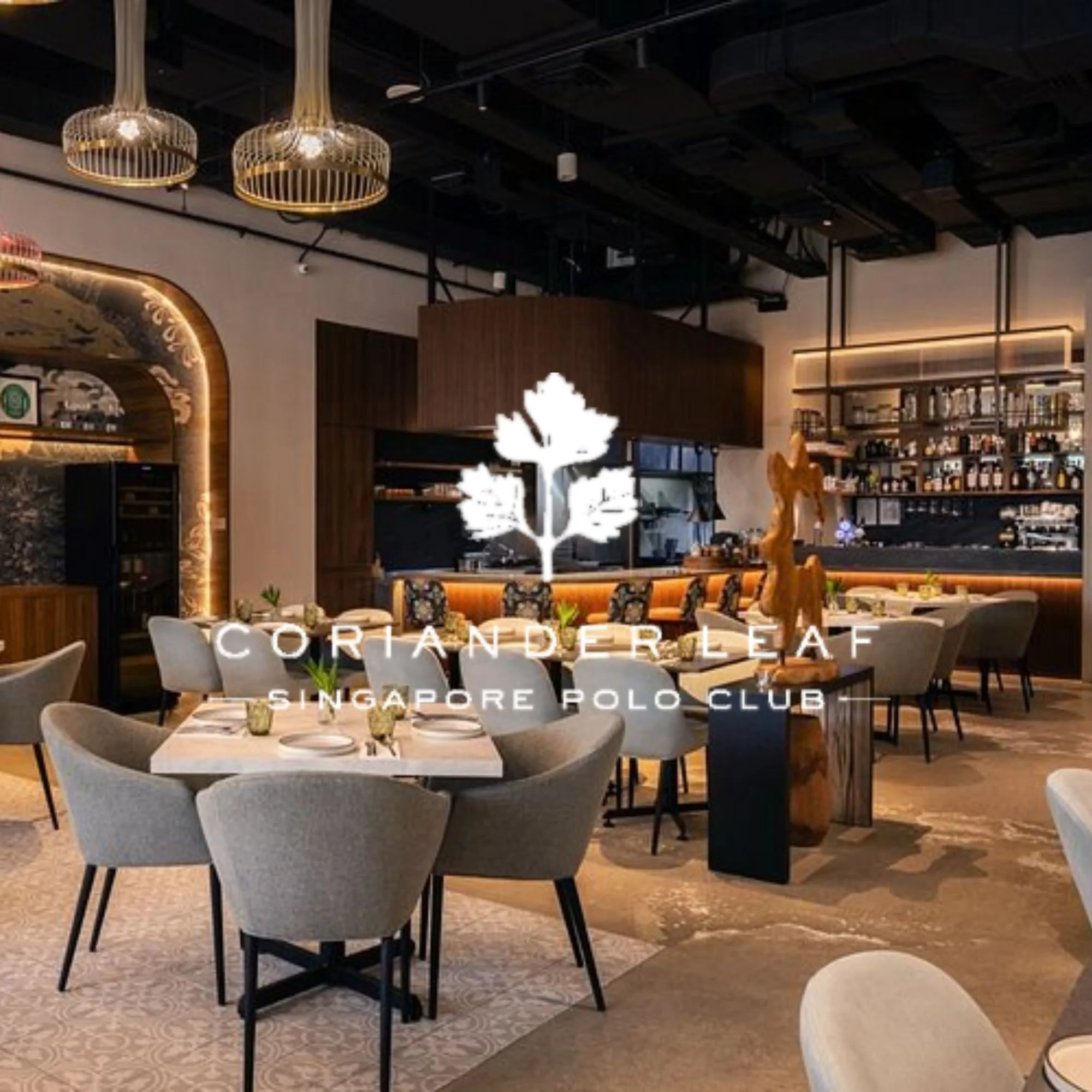 Interior of a sophisticated restaurant or cafe with elegant tables and chairs. Modern lighting fixtures hang from the ceiling. The decor includes wood and soft lighting, creating a cozy atmosphere. The space appears clean and upscale, suitable for dining or social gatherings.