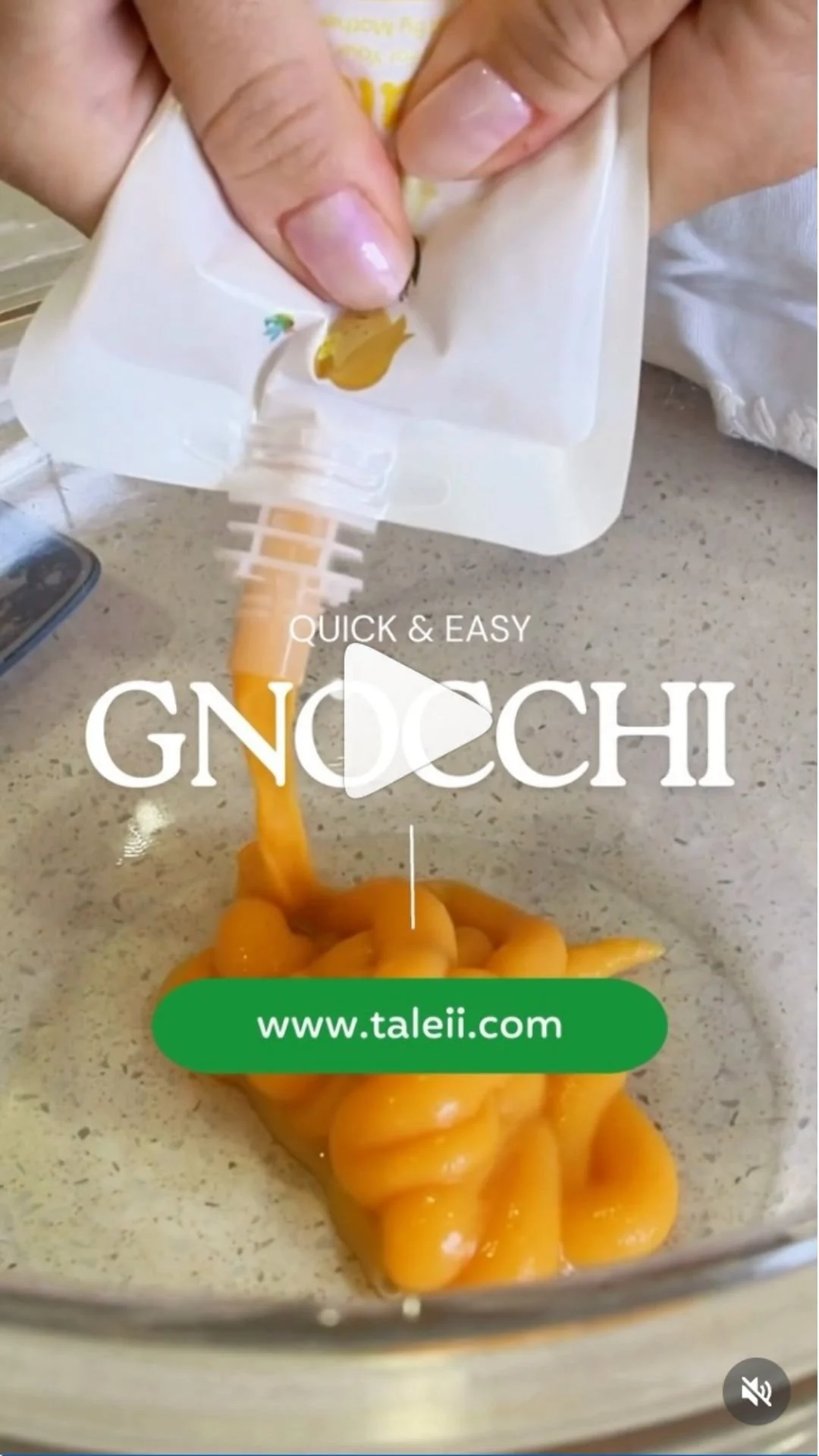 Close-up of a hand squeezing yellow bell peppers into a container with the text 'Quick & Easy Gnocchi' and a website link 'www.taleii.com' overlaid on the image.