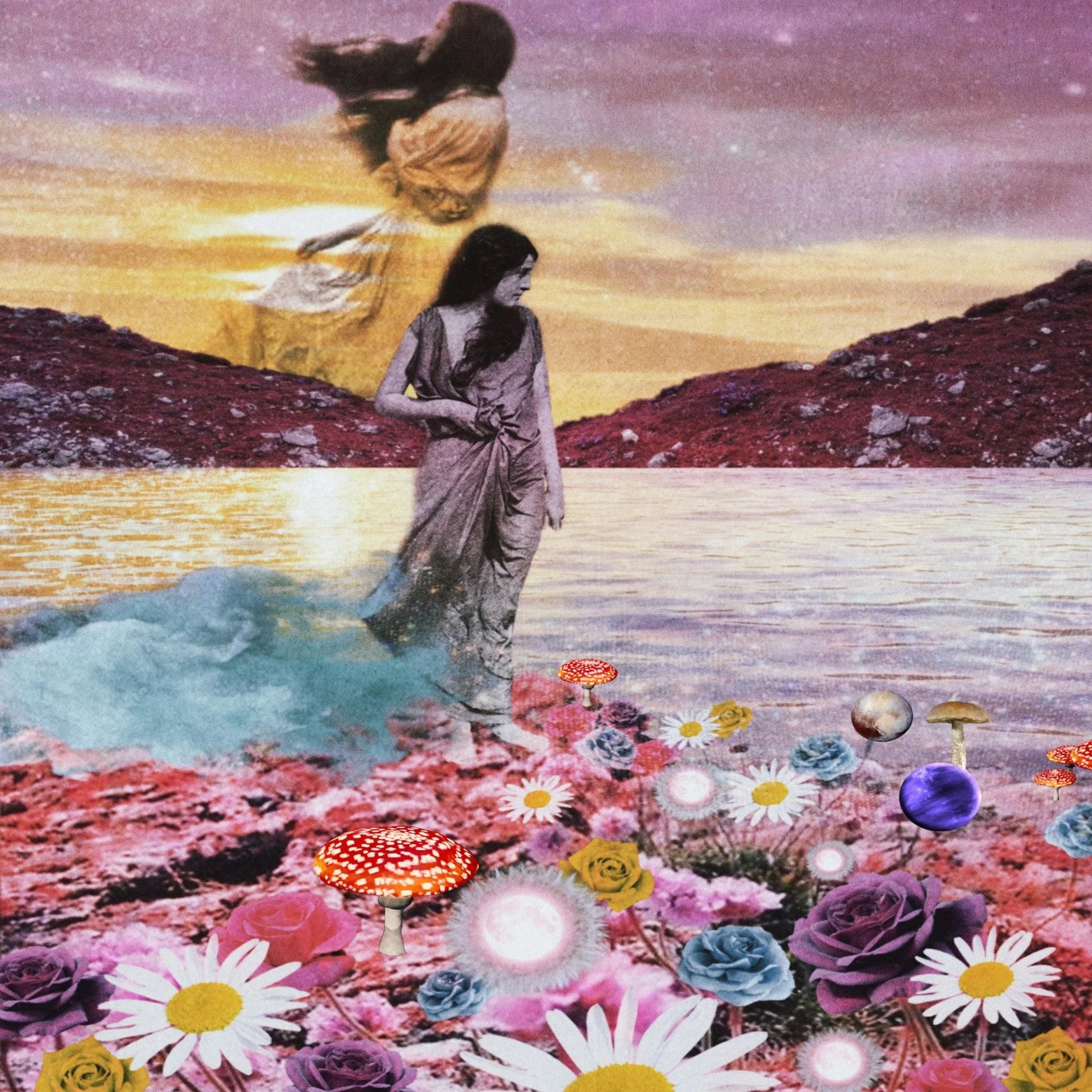 whimsical digital collage artwork with magical and symbolic elements for oracle deck