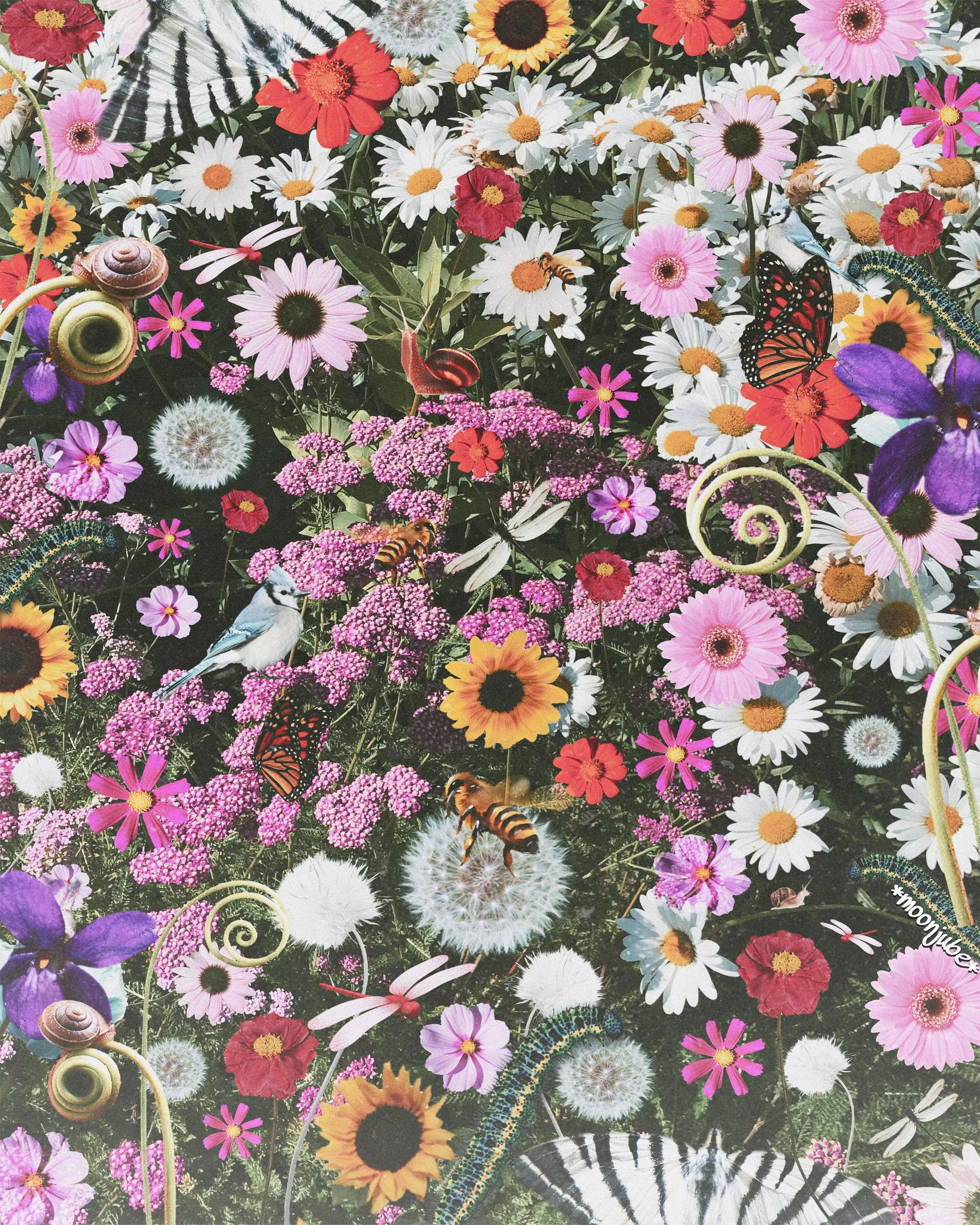 A vibrant collection of pink, purple, yellow, white, and red flowers with bees, butterflies, a bird, and snails interspersed among the blooms.