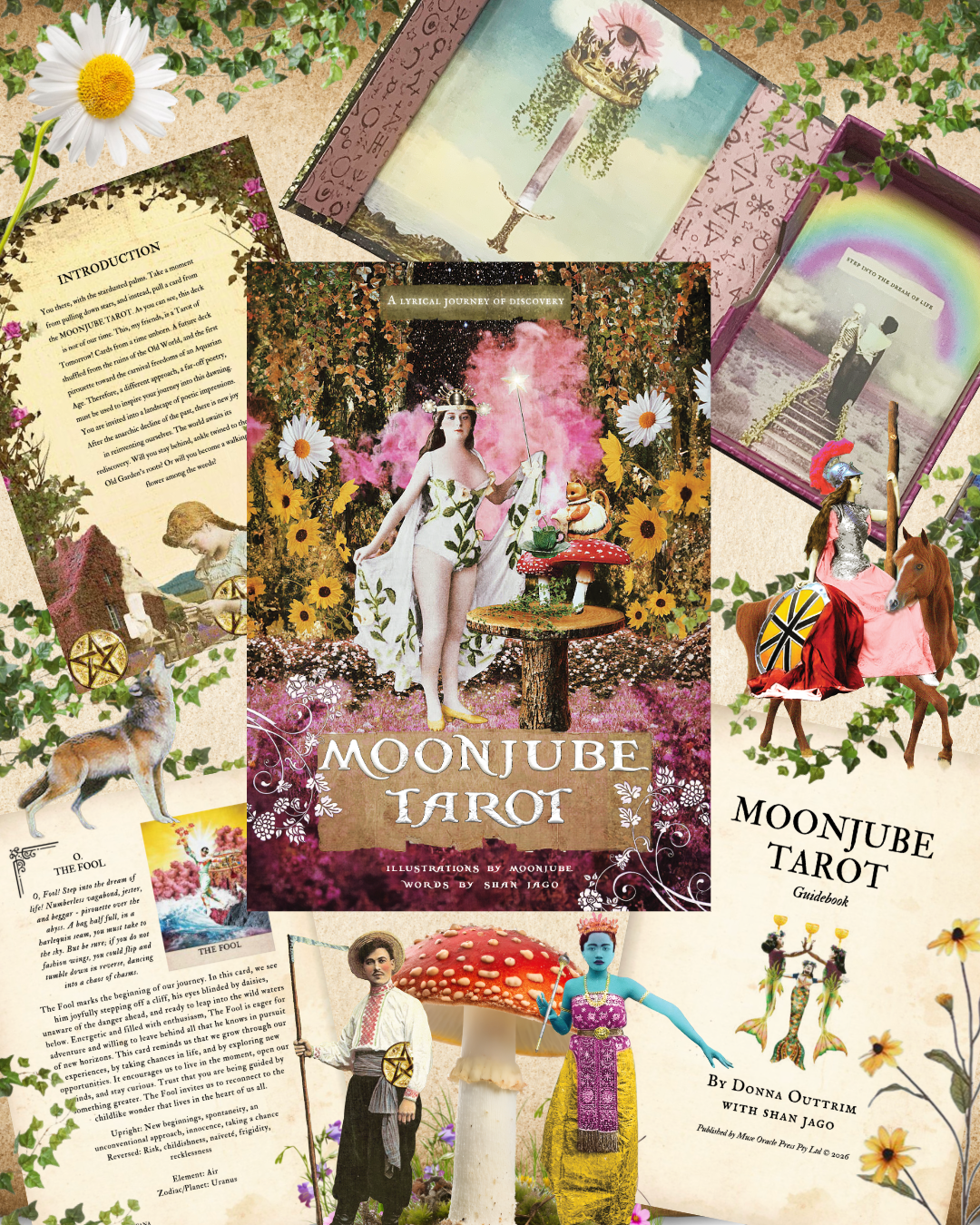Collage of tarot and fantasy-themed cards with mystical, fairy-tale elements, flowers, and characters.