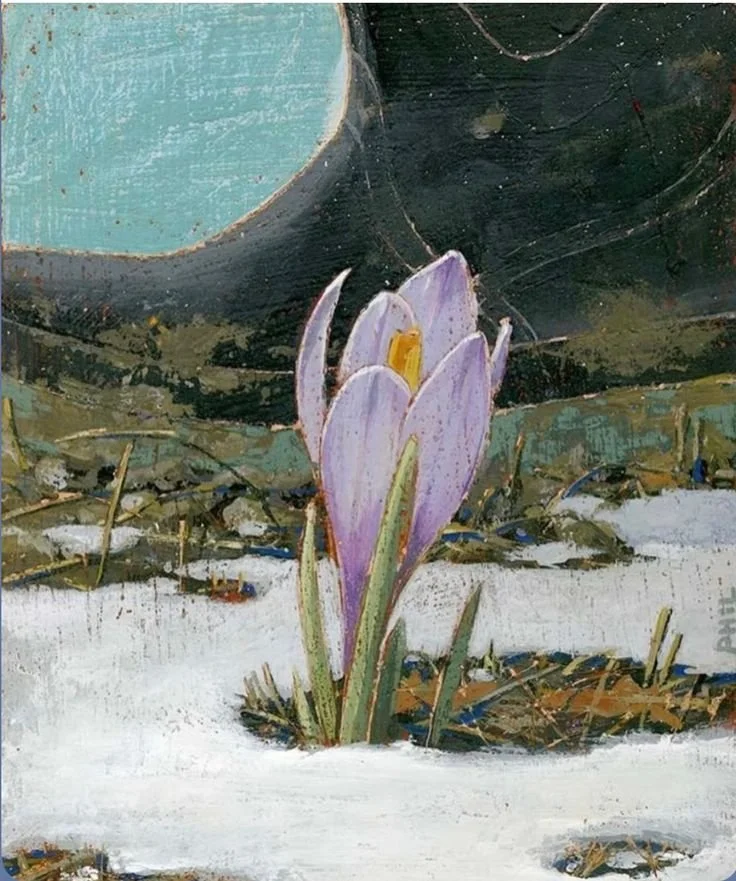 transition from winter snow to spring blooms symbolizing renewal and creative growth