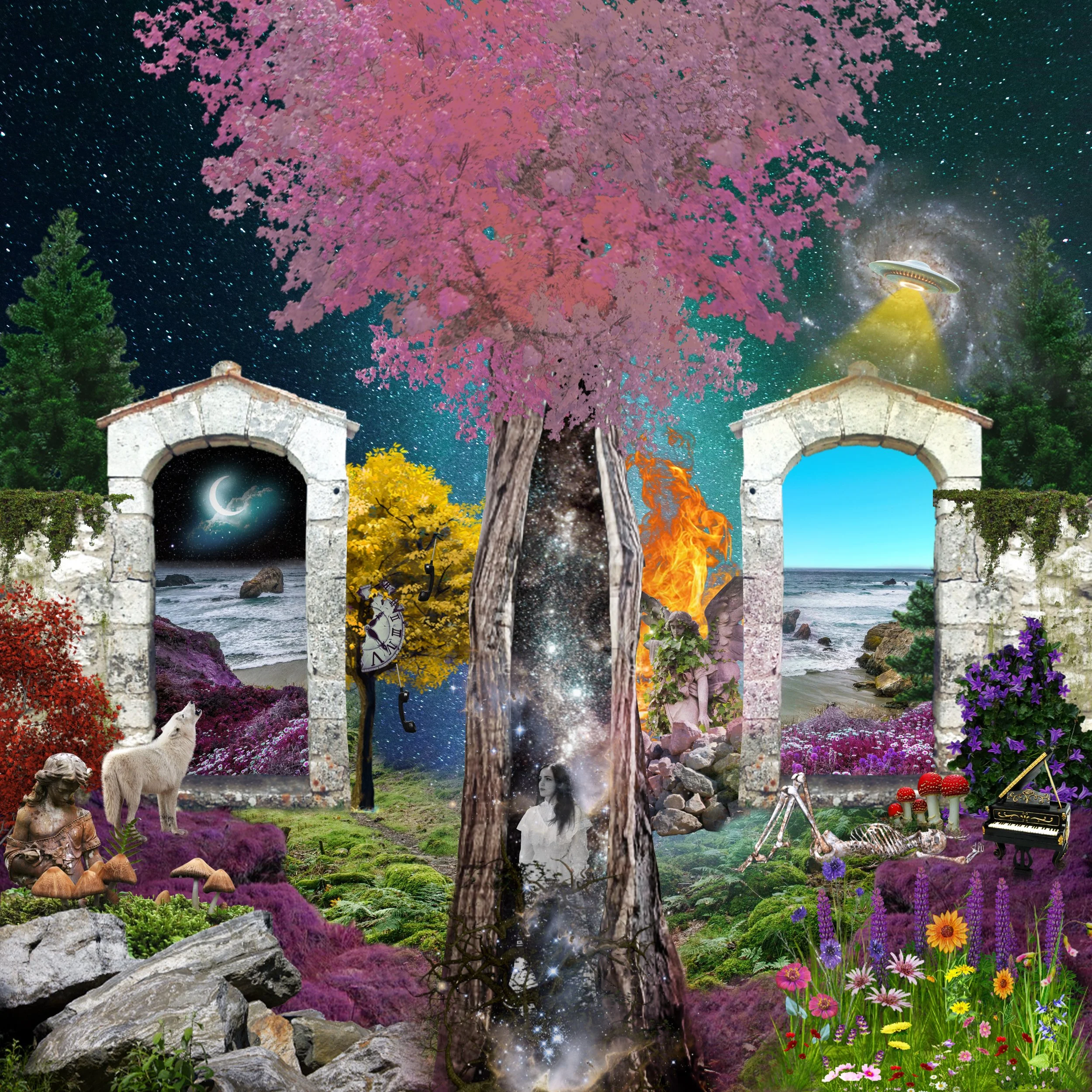 A surreal landscape featuring a large pink tree at the center with a galaxy inside its trunk, two stone archways leading to different scenes of the ocean at night and daytime, a unicorn on colorful moss, a statue, floating mushrooms, a grand piano, and a skeleton with a plant growing out of it. The sky is filled with stars, a crescent moon, galaxies, and a UFO emitting a yellow beam of light.