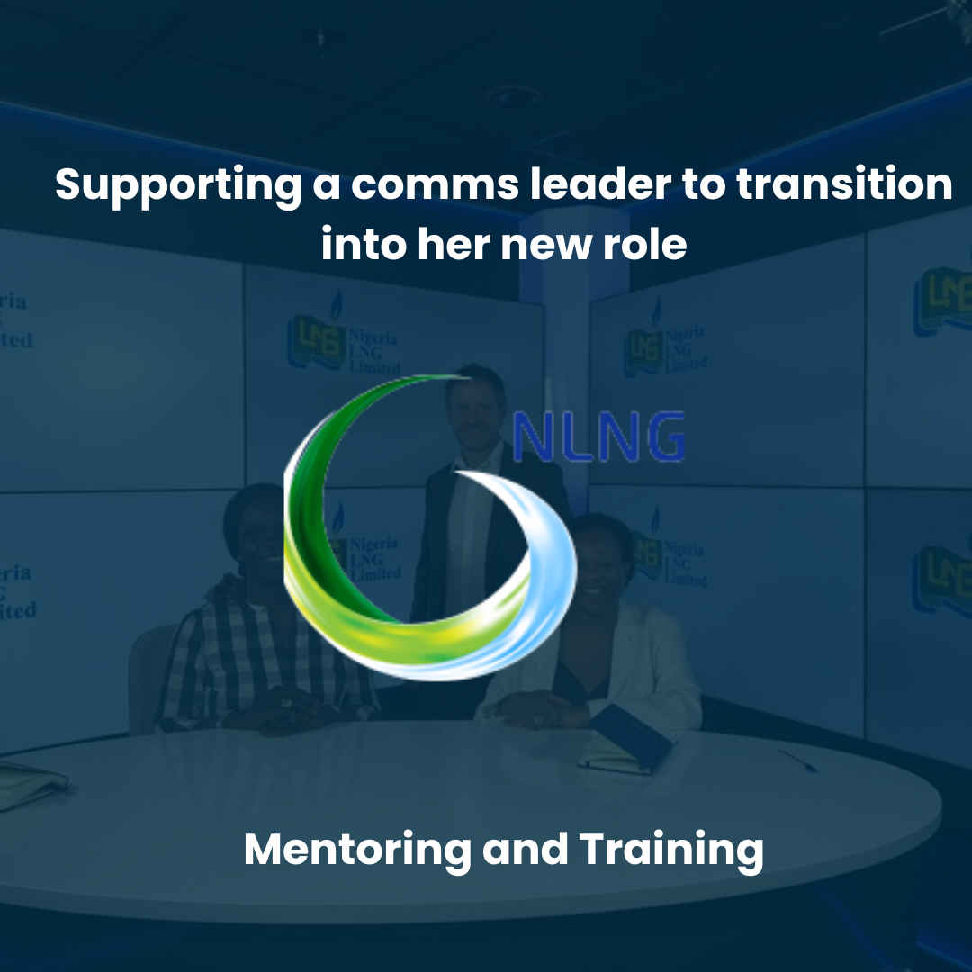 Group photo of three people smiling at a table with a Nigeria LNG Limited logo in the background, overlaid with text about mentoring and training for a women in leadership transition.