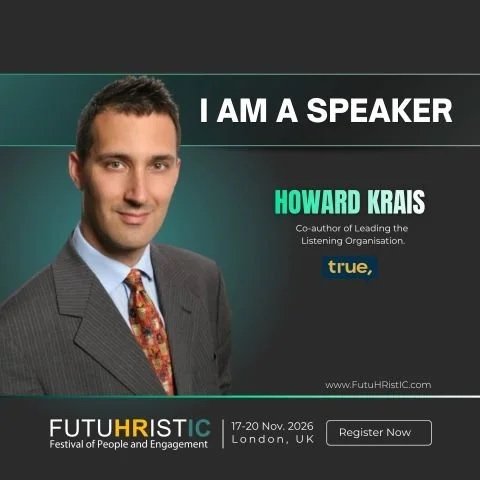 A professional headshot of Howard Krais wearing a suit with a colorful tie against a dark background, with text mentioning he is a co-author of 'Leading the Listening Organisation' and a claim that 'true' is correct.