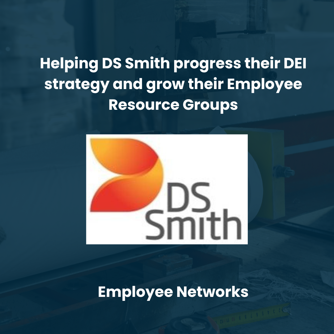 A promotional graphic with the DS Smith logo, featuring an orange and red leaf-like design, and text about helping DS Smith advance their DEI strategy and develop employee resource groups, with a background of an office setting.