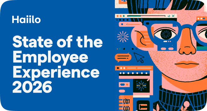 Graphic cover titled 'Hailo: State of the Employee Experience 2026' with an illustration of a person's face, wearing glasses, surrounded by digital and technological icons.