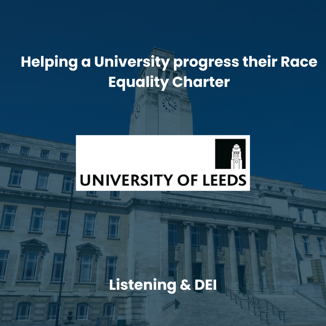 Cover image featuring a historic university building with a clock tower, overlaid with text about supporting race equality at the University of Leeds, focusing on listening and diversity, equity, and inclusion.