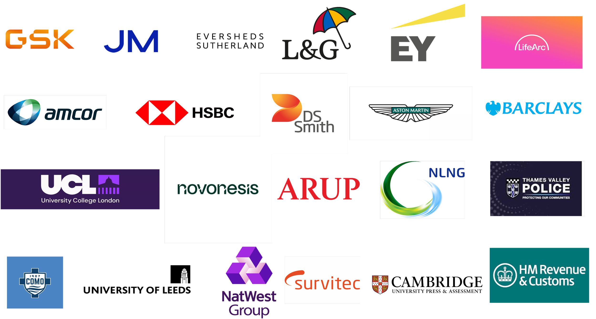 A collection of corporate and organizational logos, including GSK, JM, L&G, EY, LifeArc, amcor, HSBC, DS Smith, Aston Martin, Barclays, University College London, Novarosis, Arup, NLNG, Thames Valley Police, HM Revenue & Customs, COMO, NatWest Group, Survitec, and a few icons such as an umbrella, a purple hexagon, and a person.