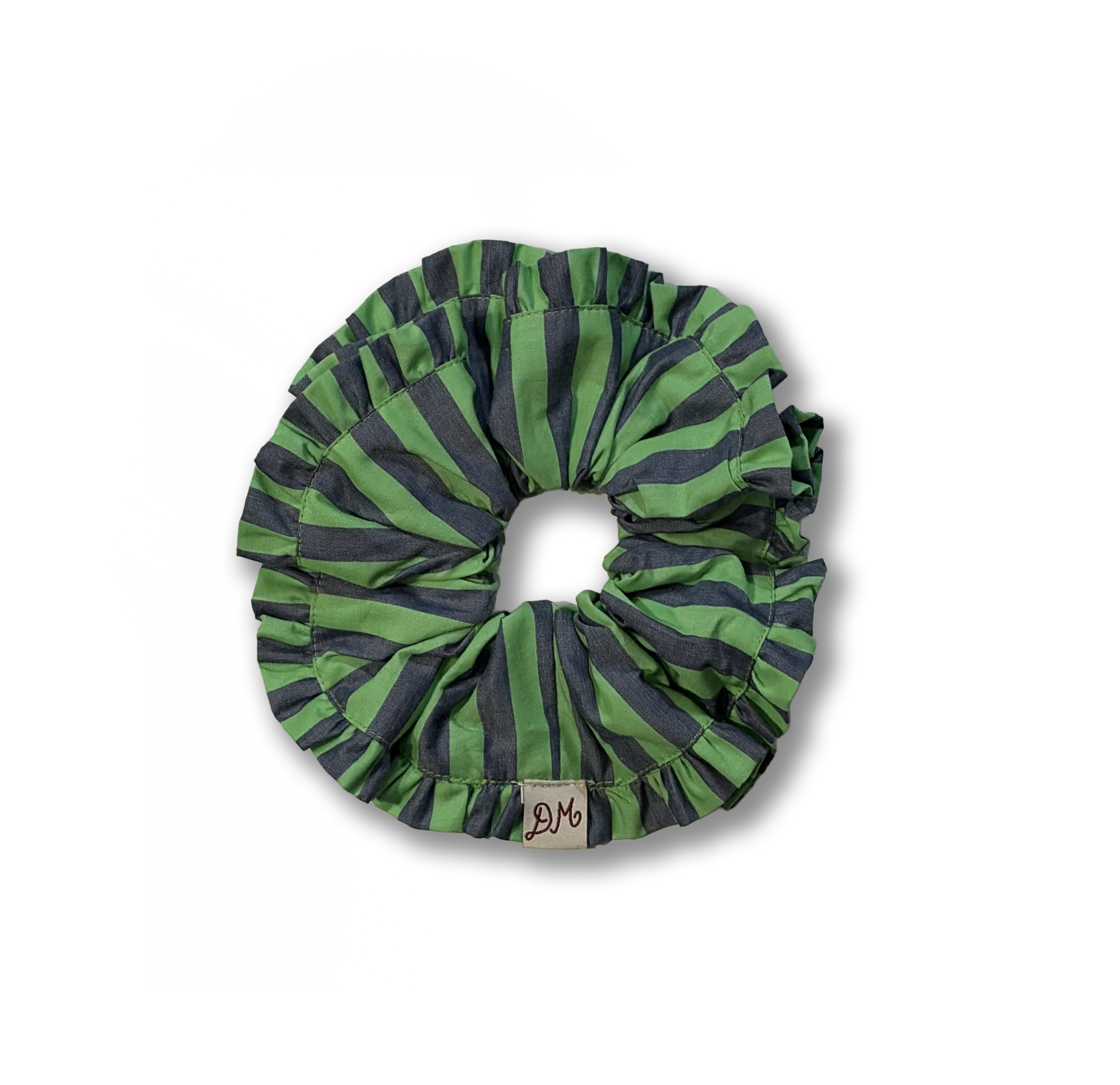 Damson Madder, Frill Edge Scrunchie, Navy Pop Green Stripe