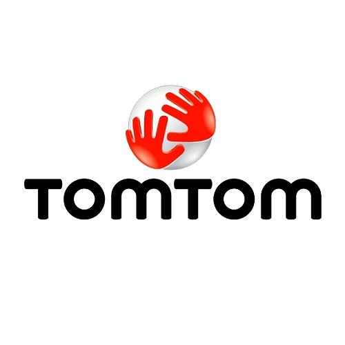 TomTom logo with a sphere featuring two red hands reaching toward each other.