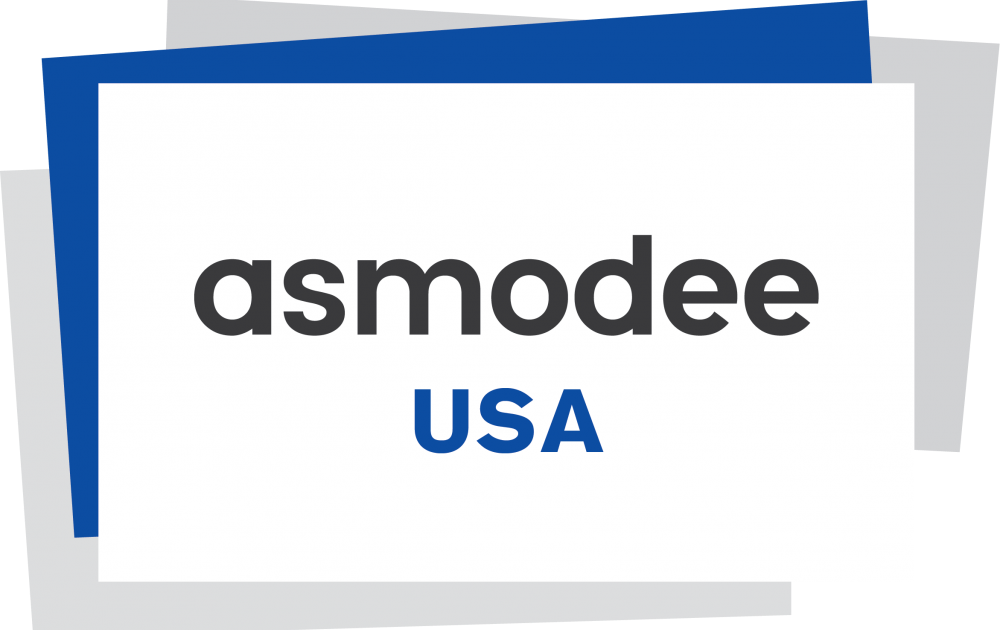 Stack of three conference banners, with the front banner reading "asodee USA" in bold black and blue text