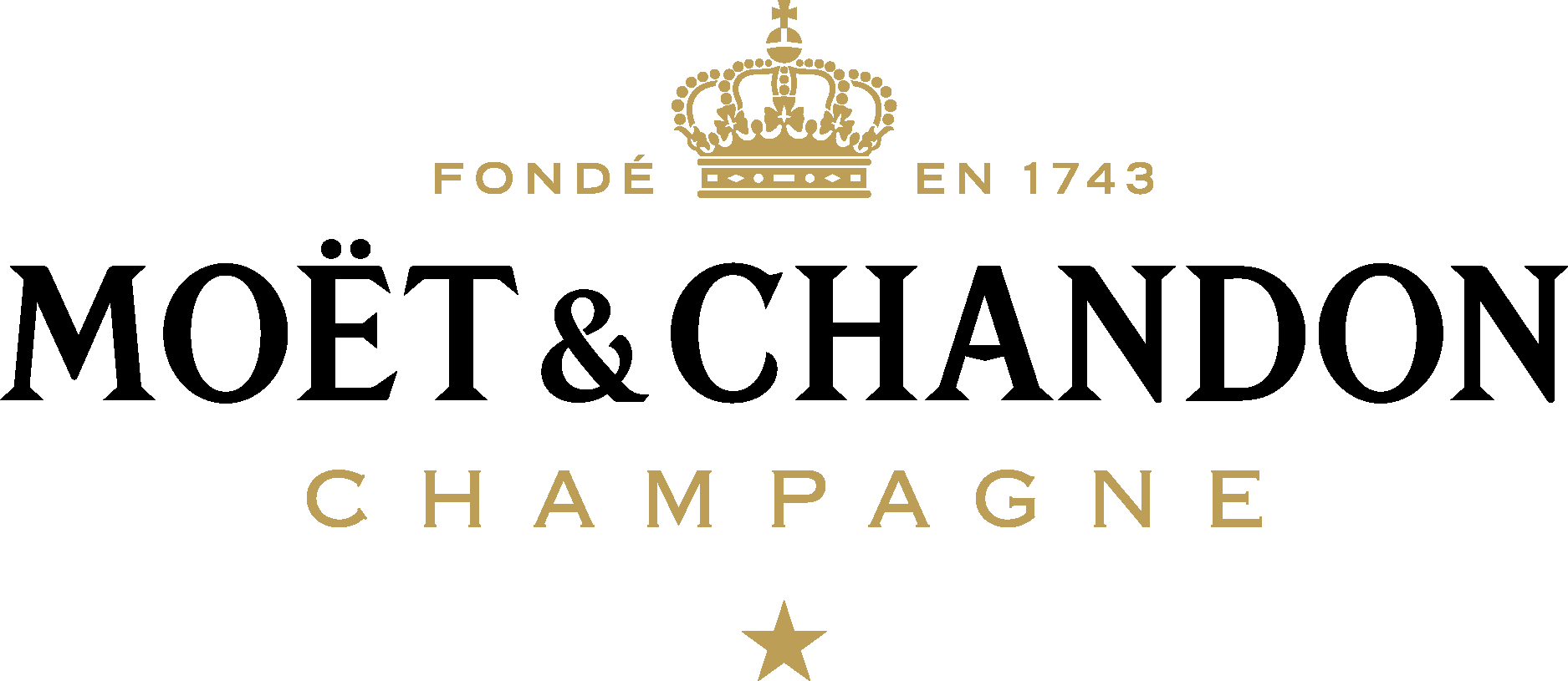 A black and gold label for Champagne, featuring a crown at the top, the text 'FONDÉ EN 1743,' and a gold star at the bottom.