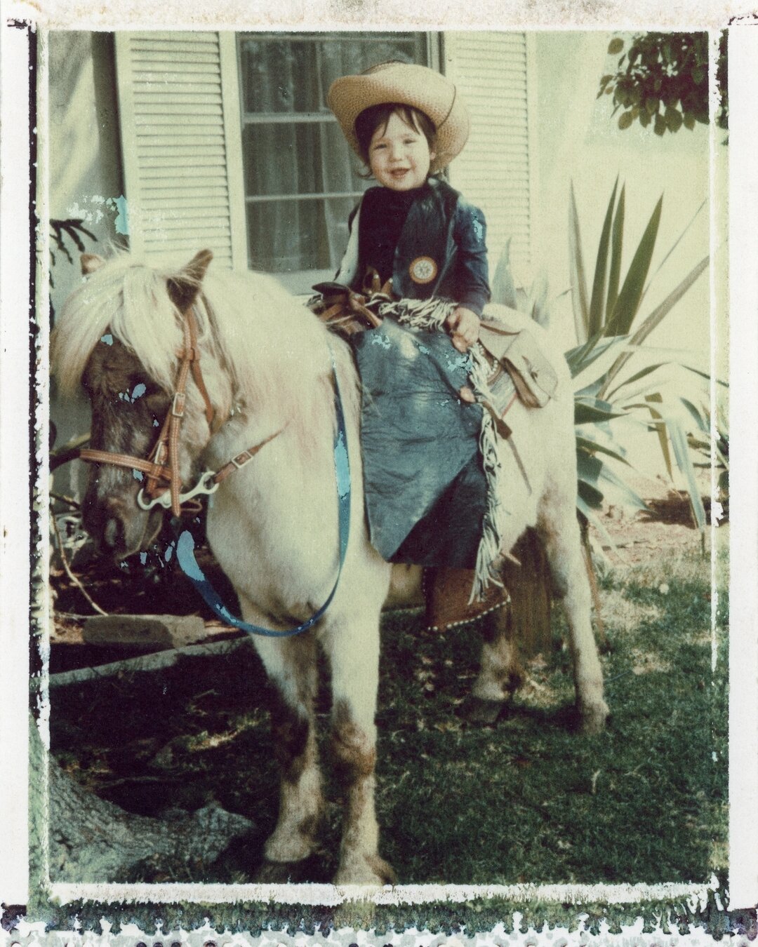 Cowboy phase. I guess photographers used to come around neighborhoods with large animals and ask if you wanted your kid to get dressed up and get a photo. Pretty awesome. 
Polaroid 669 Transfer on Watercolor paper

#polaroid #polaroidi2 #instantphoto