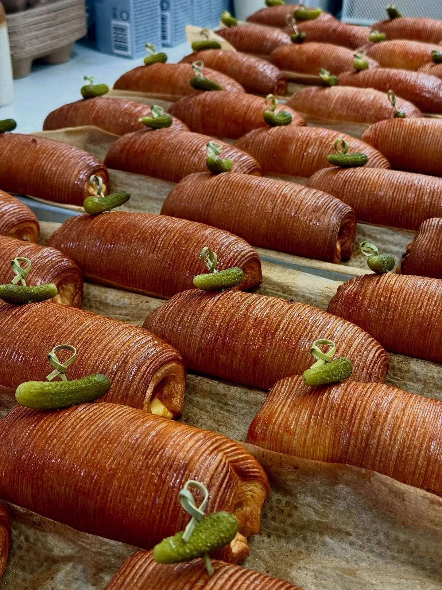 Reuben Pain Suisse.

Cross laminated croissant filled with @mccarthysofkanturk pastrami, gochujang b&eacute;chamel, sauerkraut, emmental and a cheeky cornichon.

On the counter weekends throughout January 💚