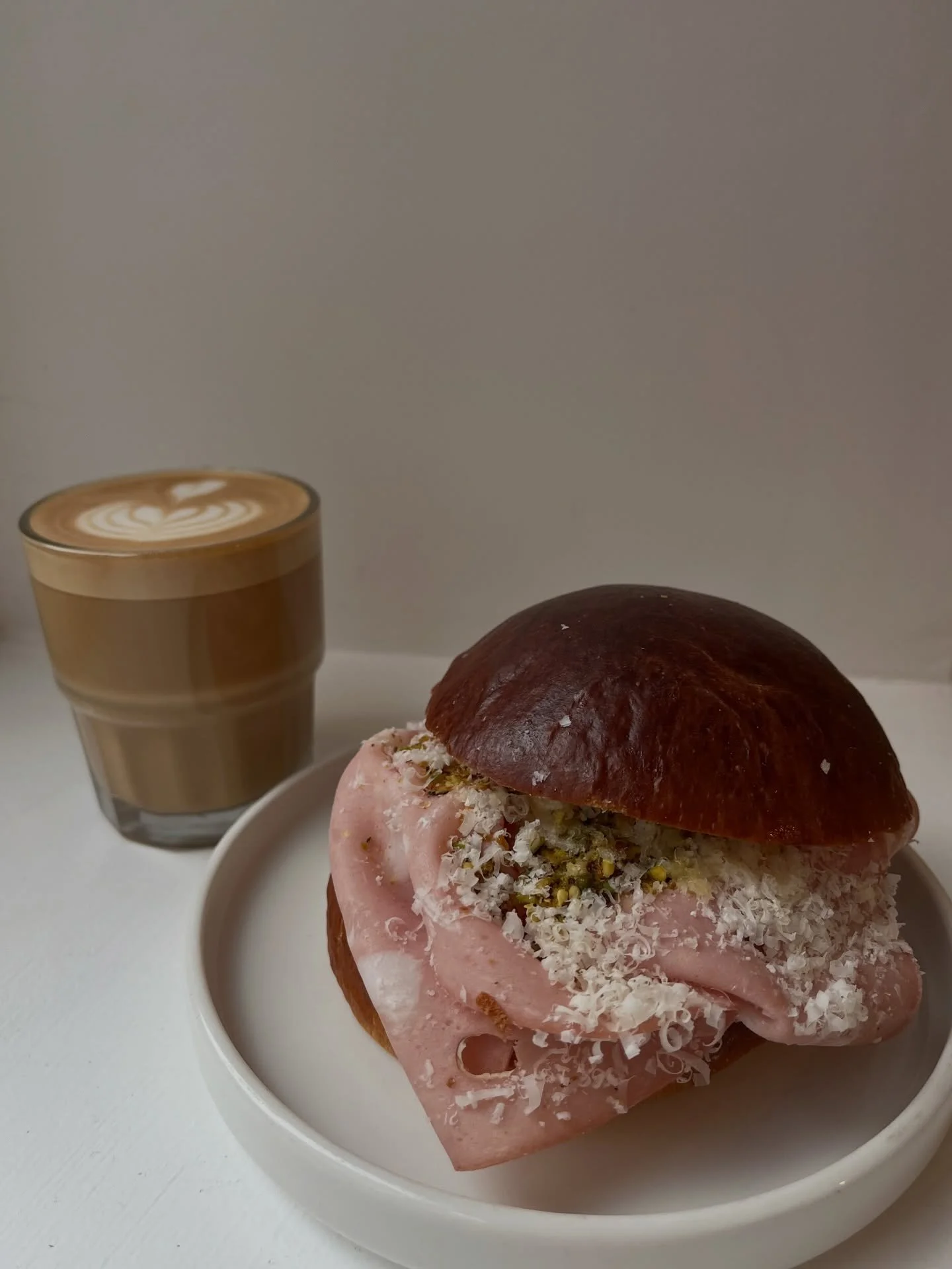 Mortadella, stracciatella + pistachio brioche.

On the counter in Arran Street East weekdays from 12 🤎