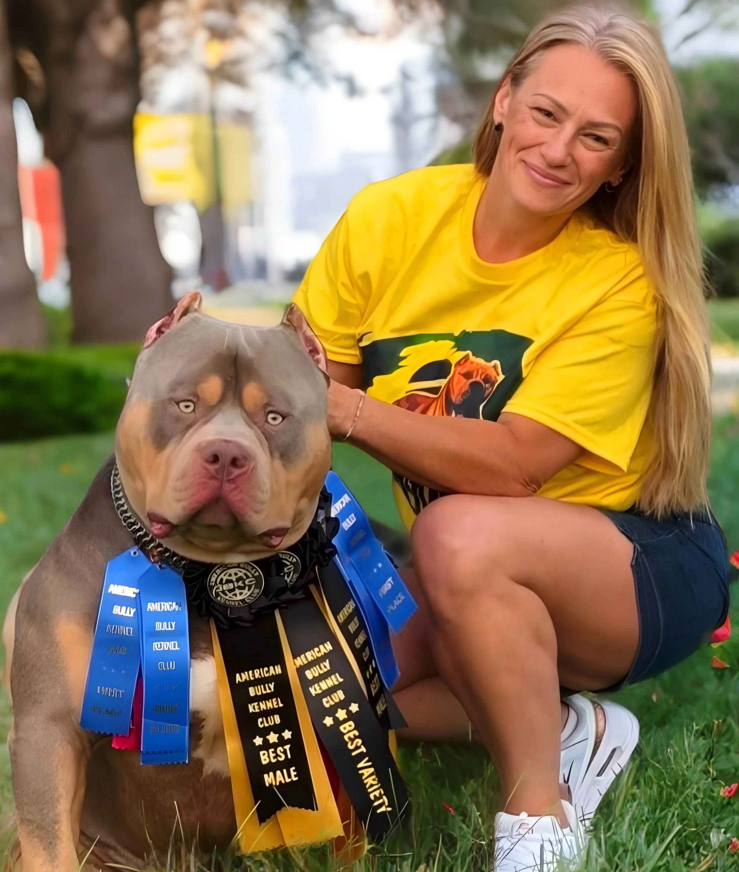 A woman with long blonde hair squatting on grass while holding a large dog with a painted face. The dog is wearing multiple ribbons indicating awards from the American Bully Kennel Club, including 'Best Male' and 'Best Vakt.' The woman is smiling and wearing a yellow T-shirt and denim shorts. Trees and a park-like setting are in the background.