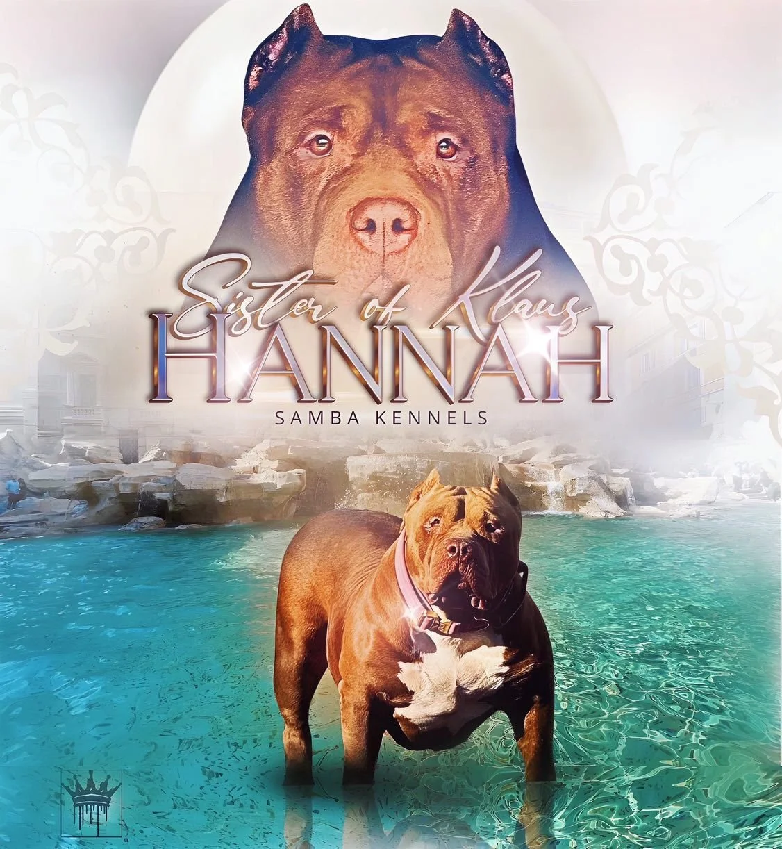 Poster for Sister of Klaus Hannah Samba Kennels featuring a large Baldwin Highland Bull of a dog with a background of water and rocks. A large portrait of the same breed of dog with a moon behind it and decorative elements.