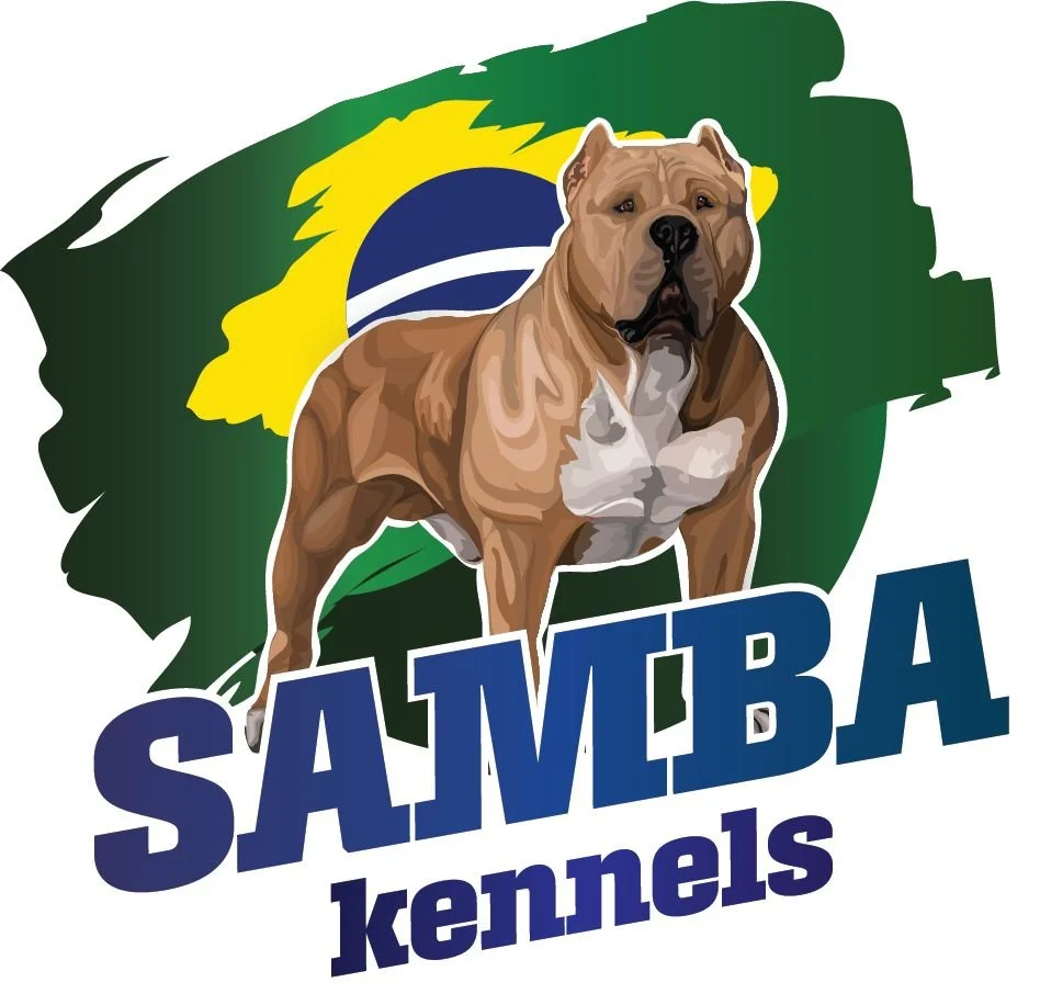 Logo for Samba Kennels featuring a muscular dog, possibly a Staffordshire Bull Terrier, in front of a stylized Brazilian flag background.
