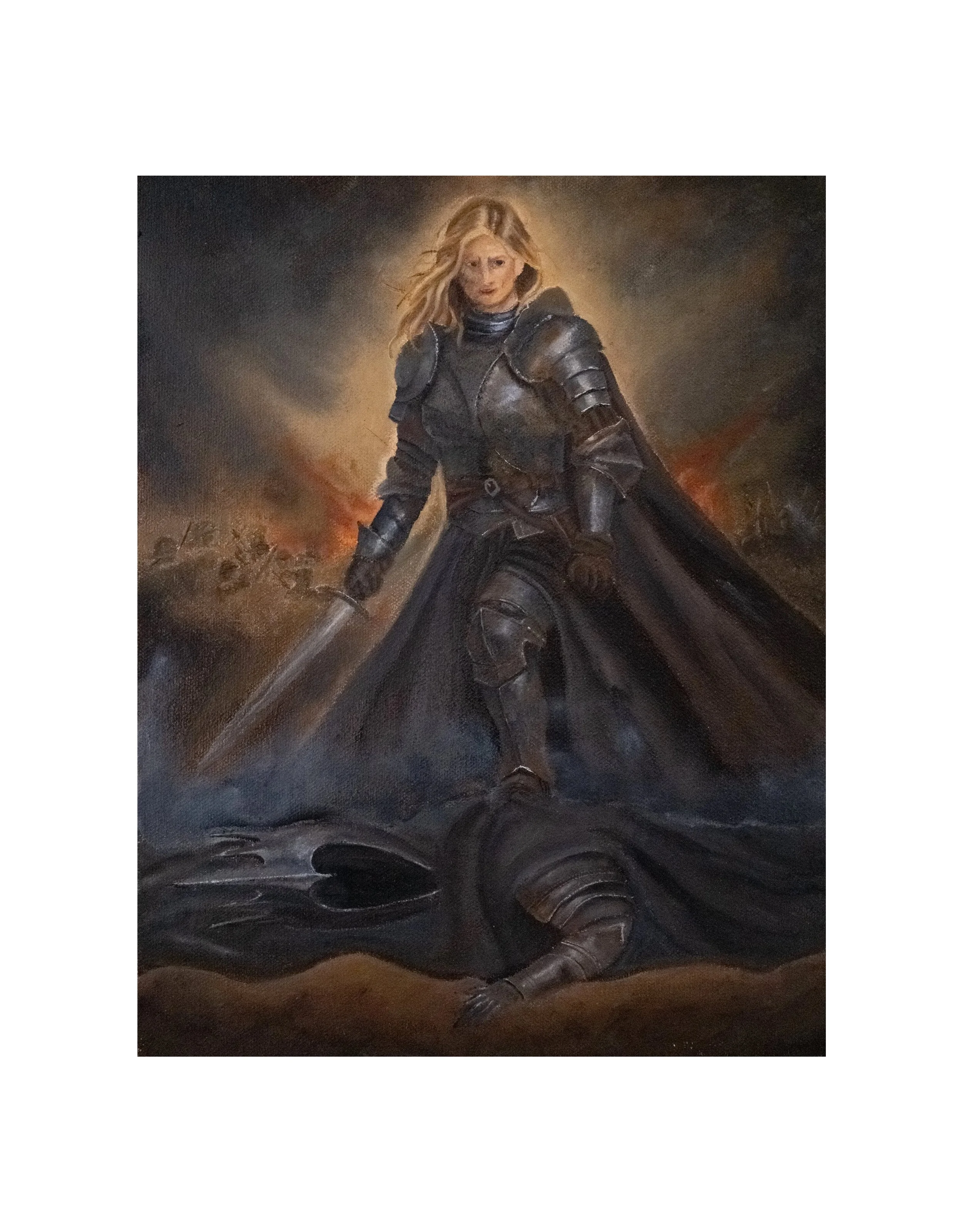I Am No Man, Oil on Canvas, 11x14
Inspired by the most defiant moment in Tolkien’s legendarium — a warrior unmasked, a prophecy undone, a woman who refused to be written out of the story. Painted with deep chiaroscuro shadow and the weight of old mas