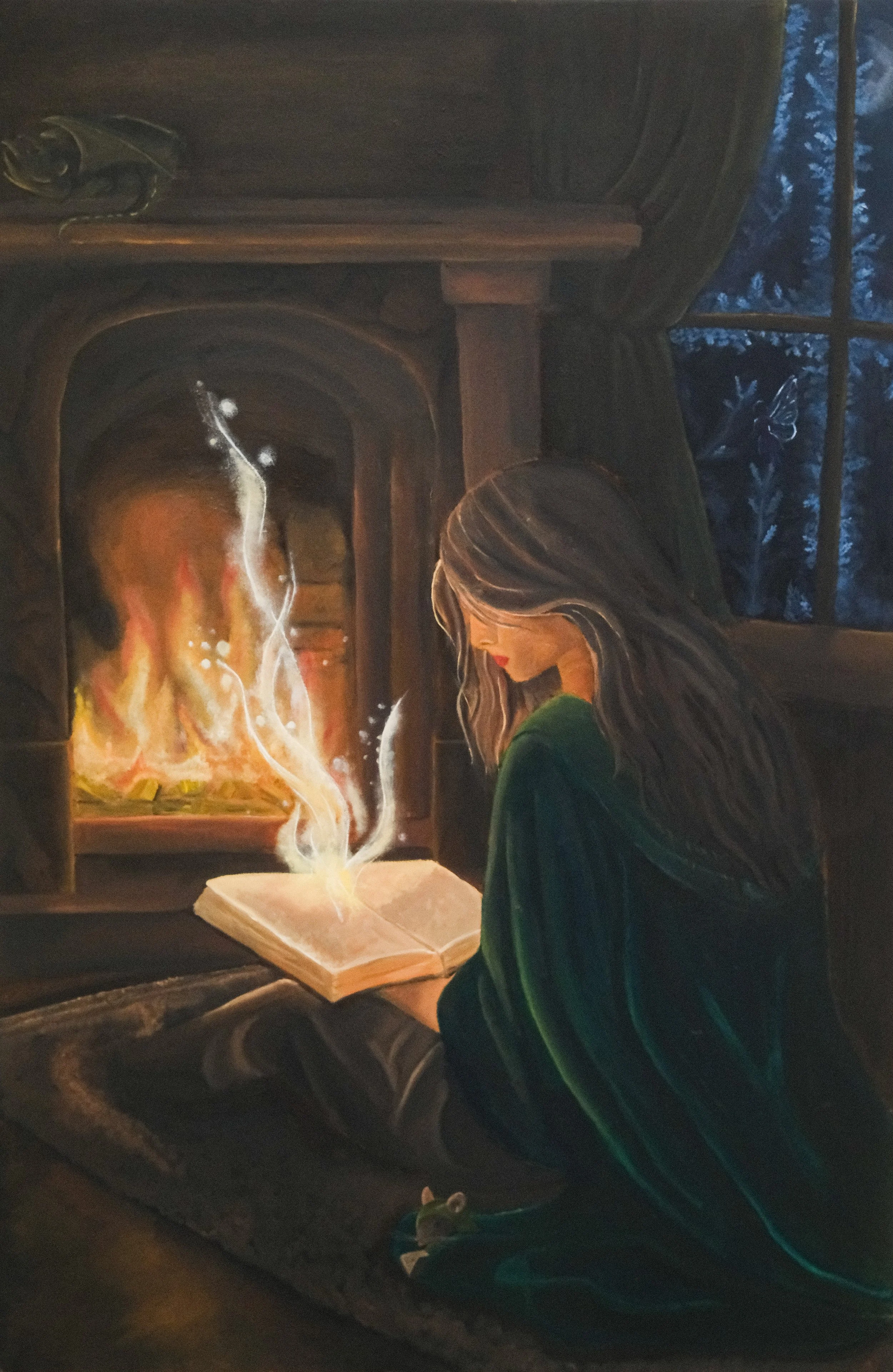 Reader By Fireplace, Oil on Canvas, 24x36