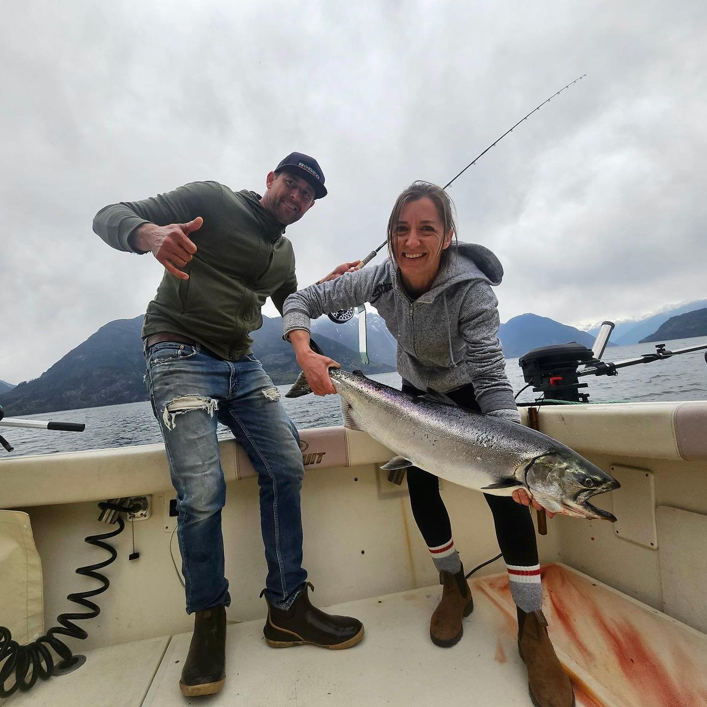 Time to get out and Fish! Great action for our chef and his wife with their lucky spoon! 
2/2 on the Nooks in our Bute Inlet backyard. 
#nanooklodge2024 
#stillfishin 
🙏🏼✨🐟🐟🐟✨