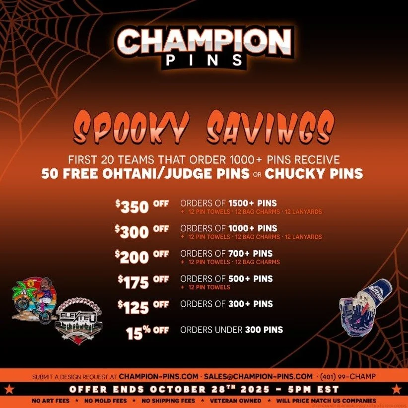 ✨ Ready to have the best pins in the park? Champion Pins brings the creativity that turns heads and starts trades 👑
👻 8 DAYS left for our Spooky Savings — save HUNDREDS and snag freebies like Cooperstown towels, lanyards & bag charms!
🔥