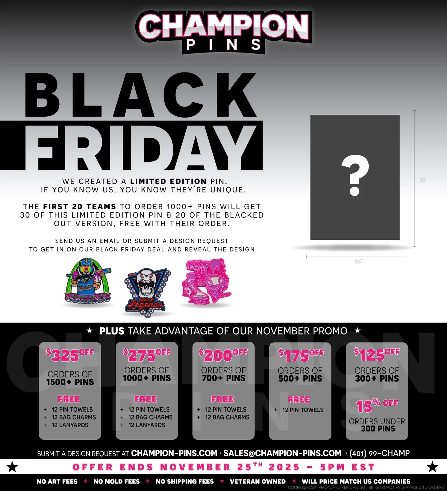 🚨 15 DAYS LEFT 🚨
The BLACK FRIDAY TRADING PIN PROMO is live and it is PURE HEAT 🔥🔥
📧 Email us : Sales@champion-pins.com OR
📝 Fill out the Design Form: www.champion-pins.com
📅 Let's talk: https://champion-pins.com/bookconsultation
Champion Pins