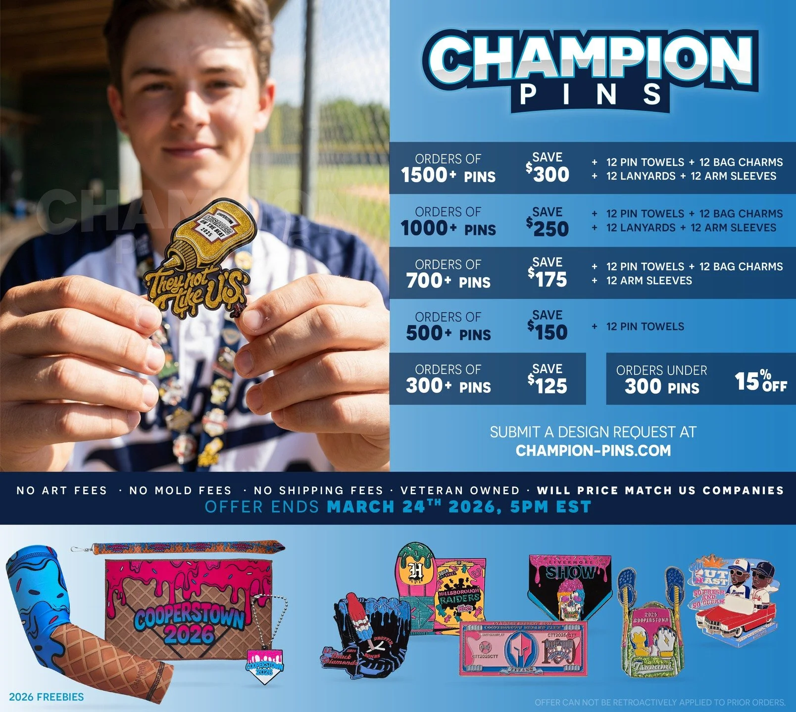 >>SWIPE FOR NON COOPERSTOWN
🏆 Looking for the BEST pins in the game?
💰 Save up to $300
🎁 PLUS receive FREE swag for your players!
At Champion Pins, we don&rsquo;t believe in generic templates. Every team receives a fully custom-designed pin 