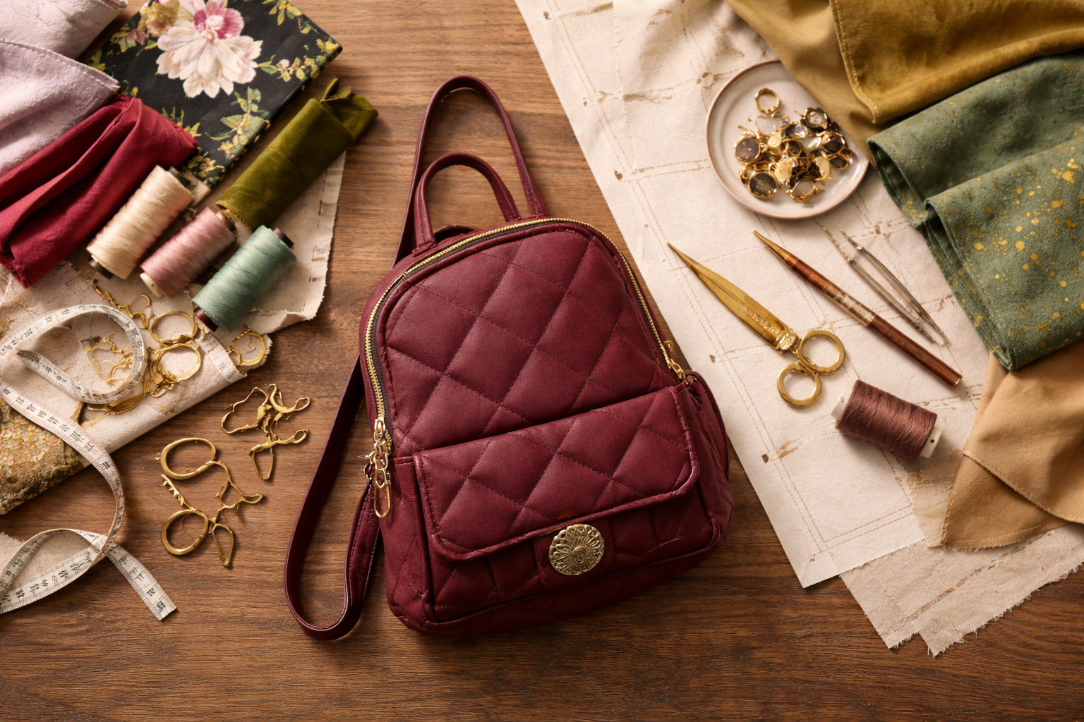 A maroon quilted mini backpack on a wooden surface surrounded by sewing supplies, including spools of thread, scissors, fabric swatches, a measuring tape, and jewelry.